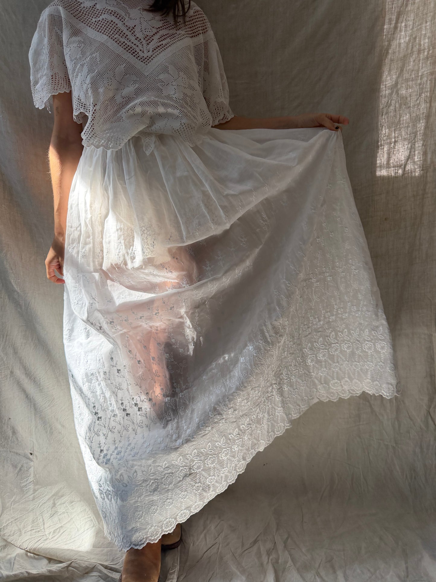 White Cotton Floral Embroidered Antique Long Skirt