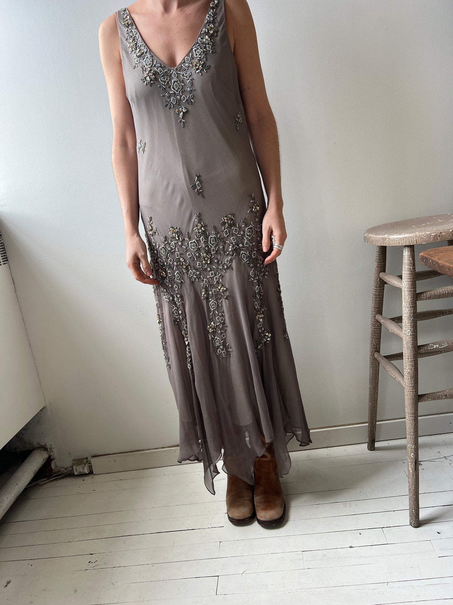 Silk Sequin Silver Dress