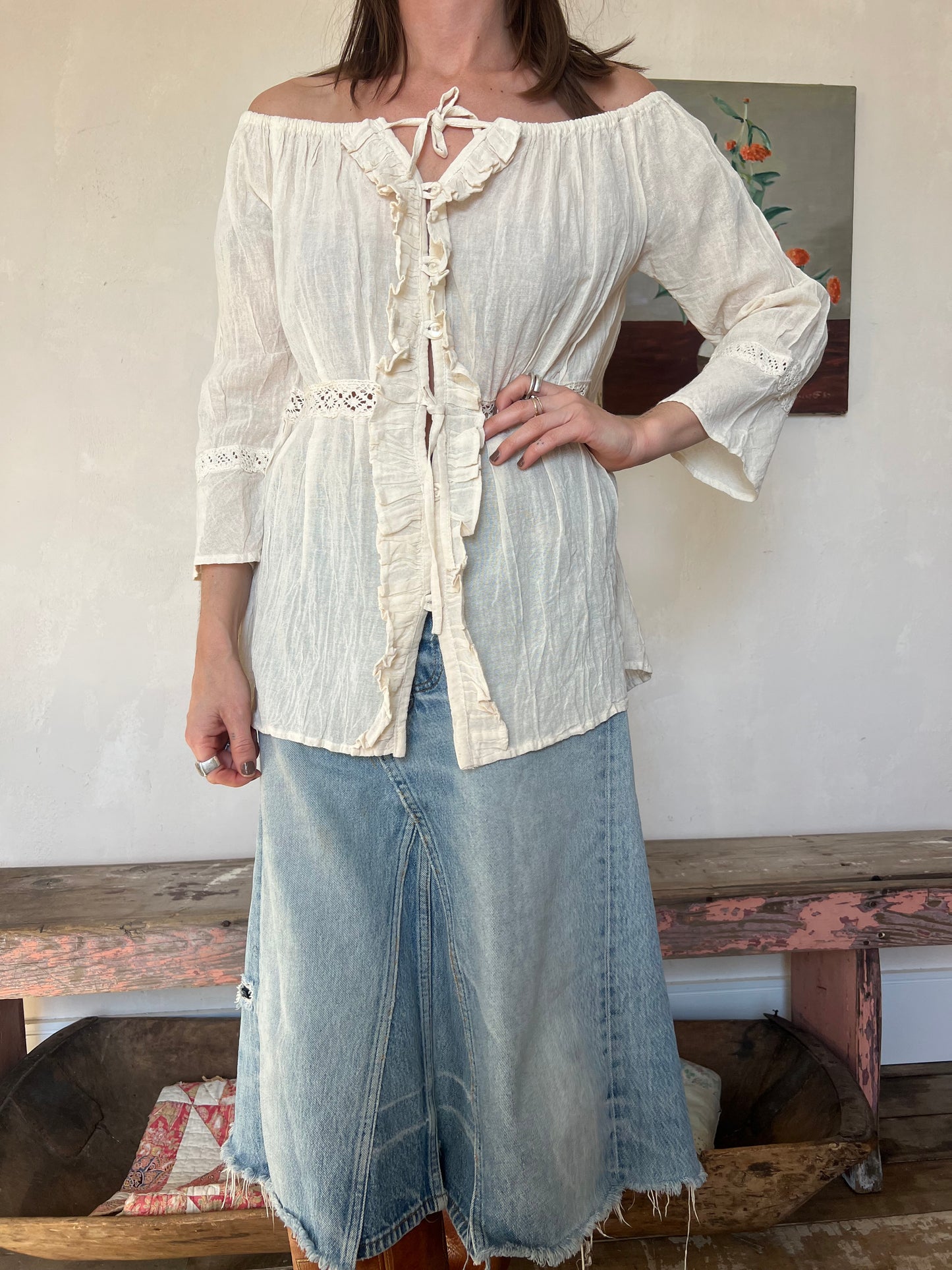 Oaxacan Natural Ruffled Crochet Blouse