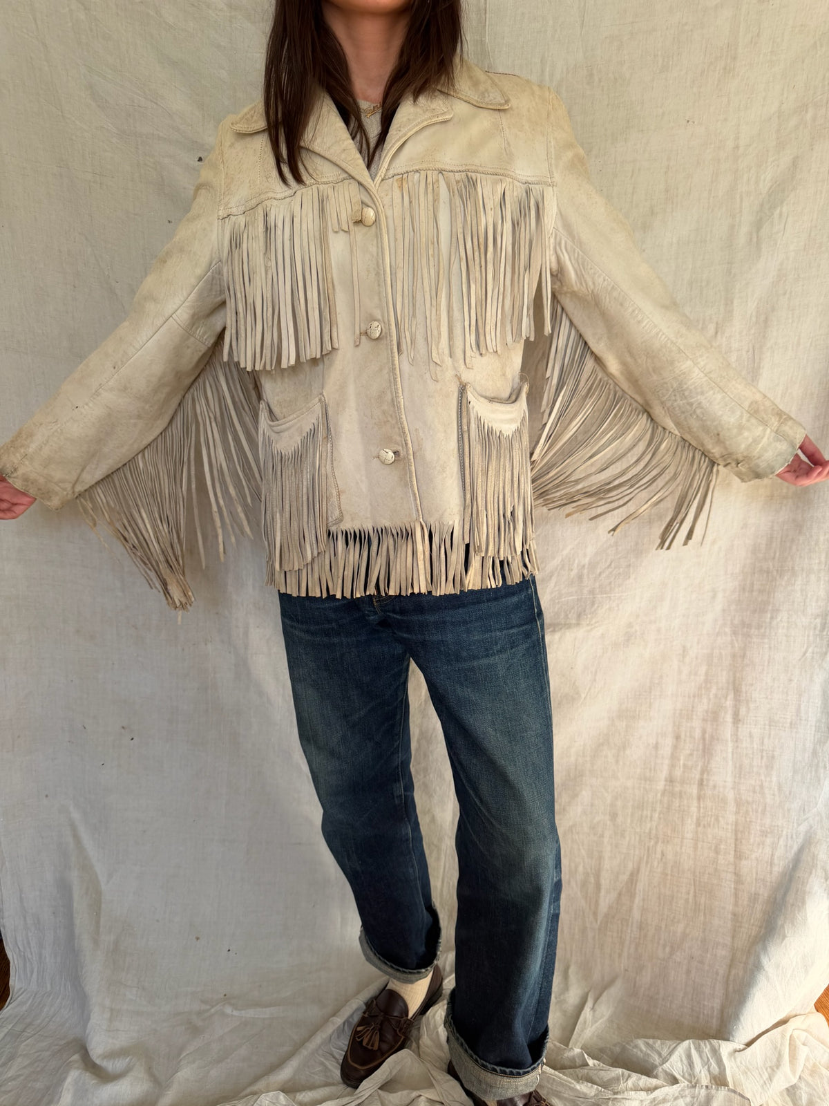 Well loved Cream Buckskin Fringe Jacket