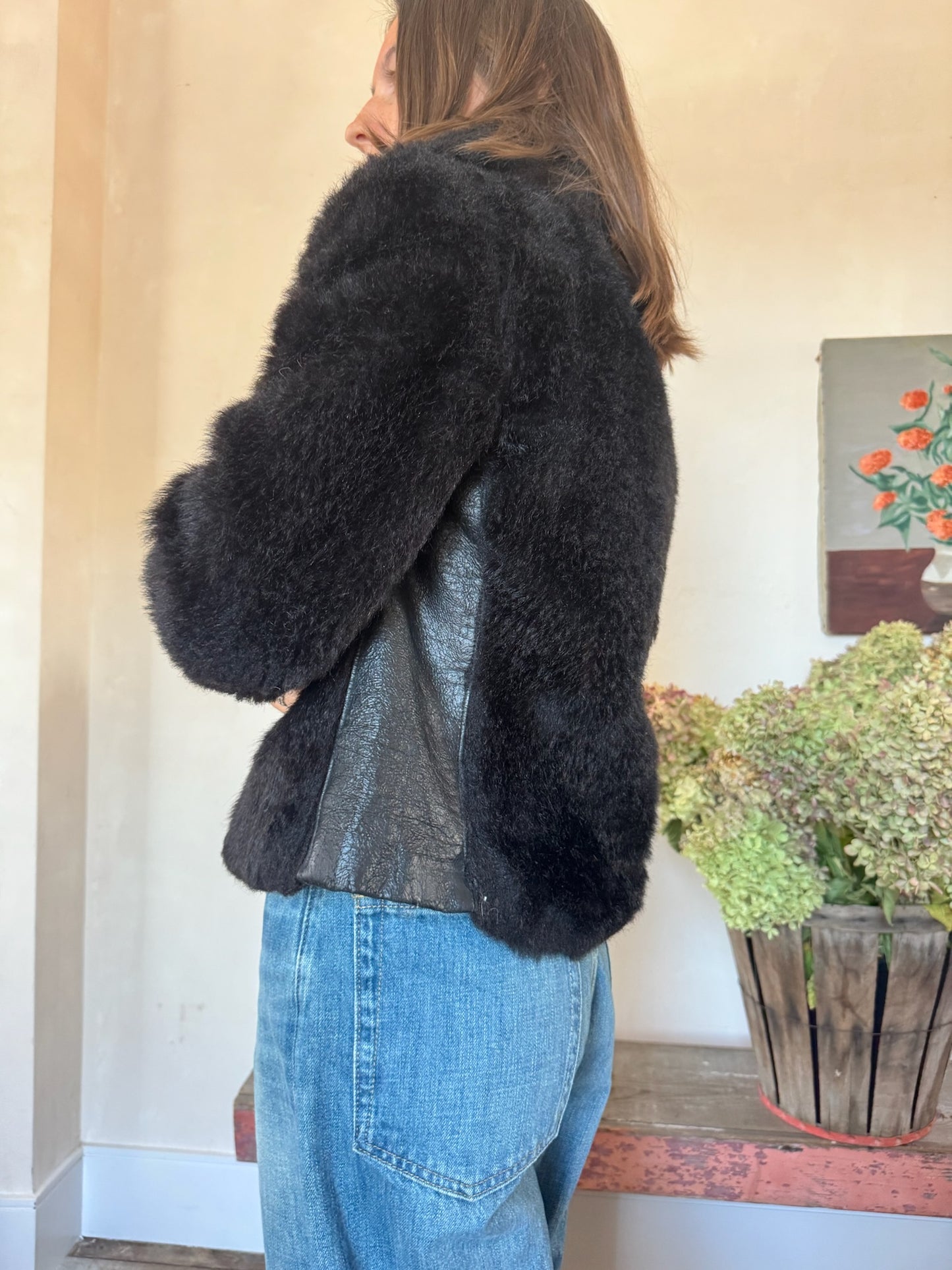 Cropped Black 70s Faux Fur Jacket
