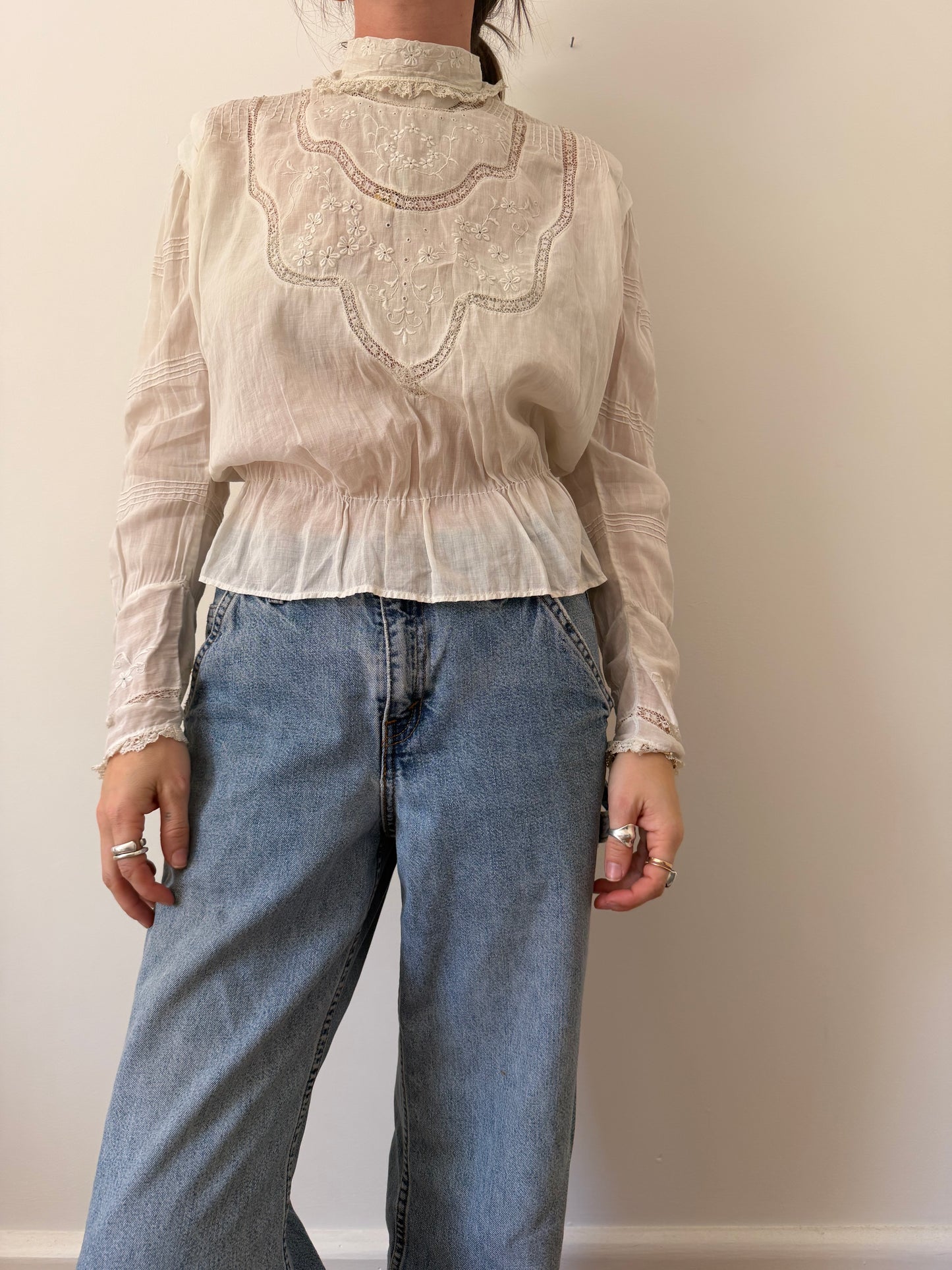 Victorian High Neck Embroidered Cotton Blouse-