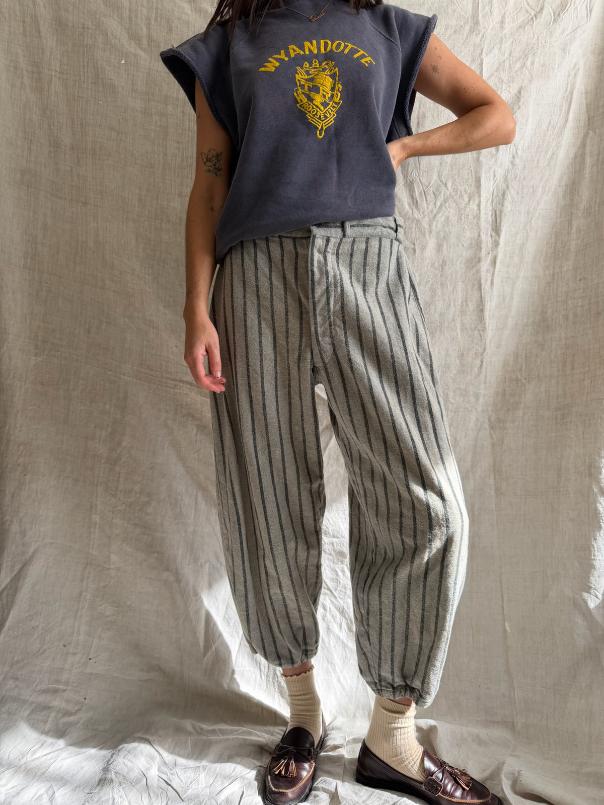 Pinstriped Grey Wool Baseball Trouser