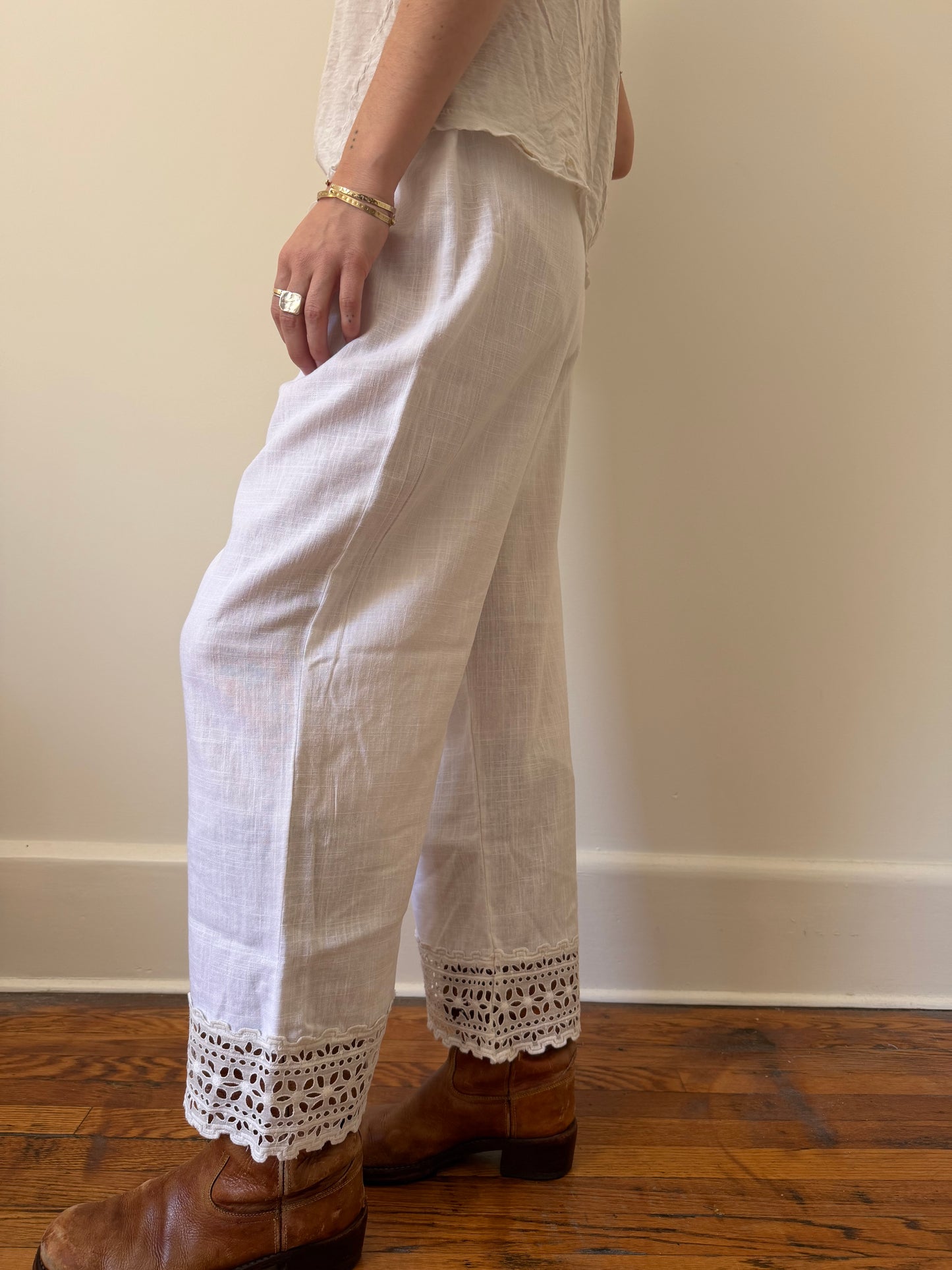 Reworked Linen Bloomer Pants With Antique Eyelet Trim
