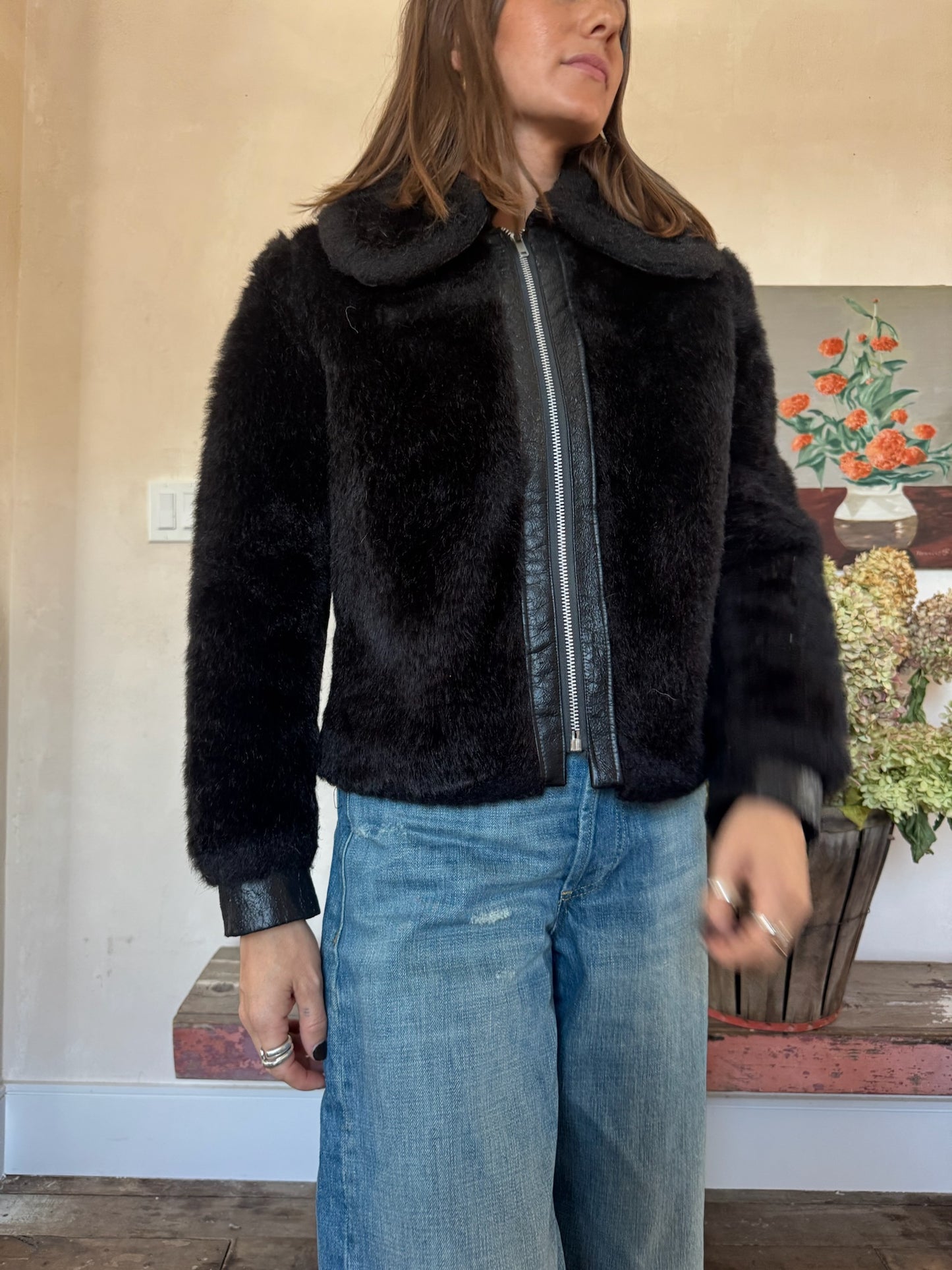 Cropped Black 70s Faux Fur Jacket