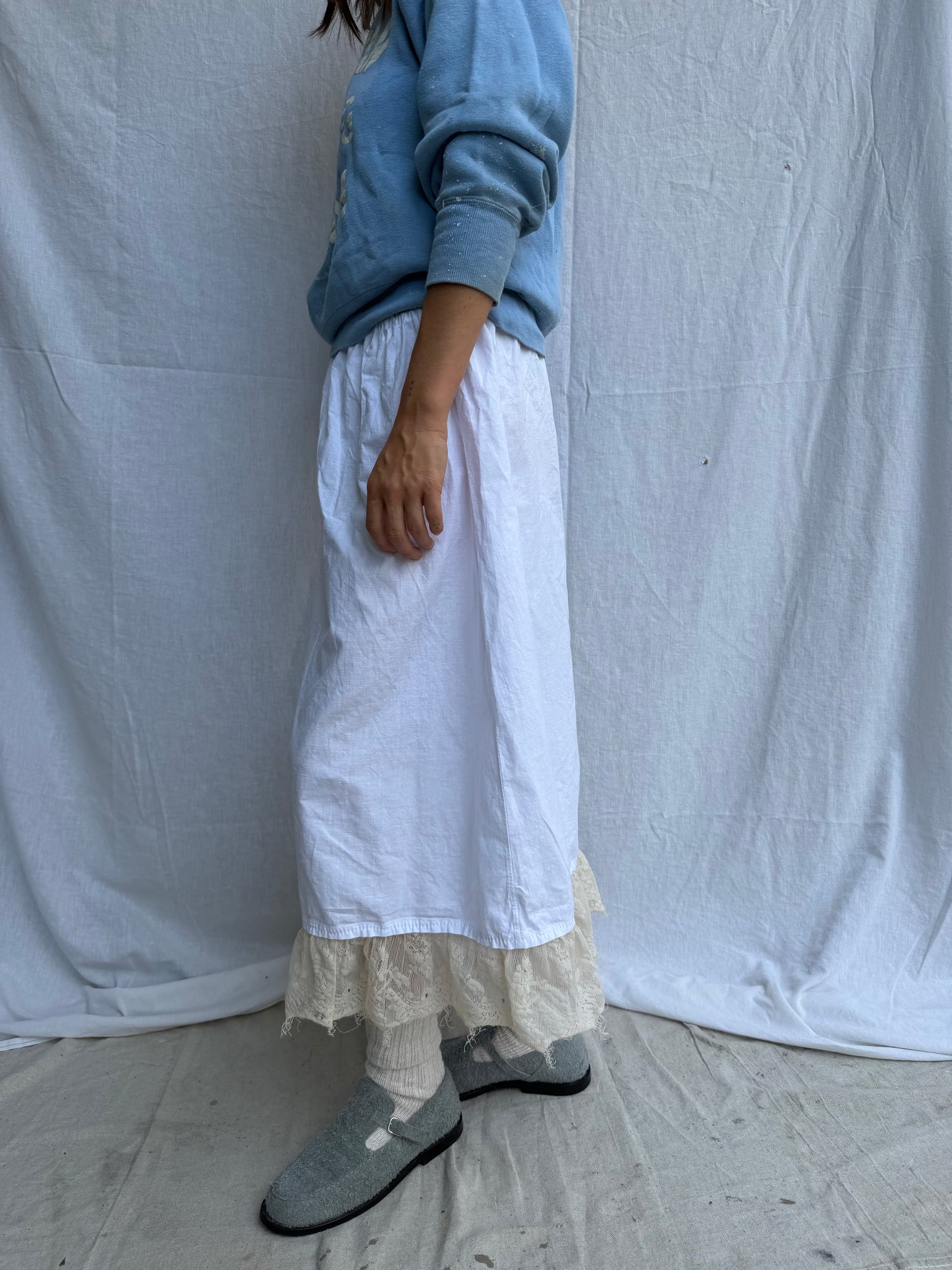 Antique Cotton Skirt with Ivory Lace Ruffle