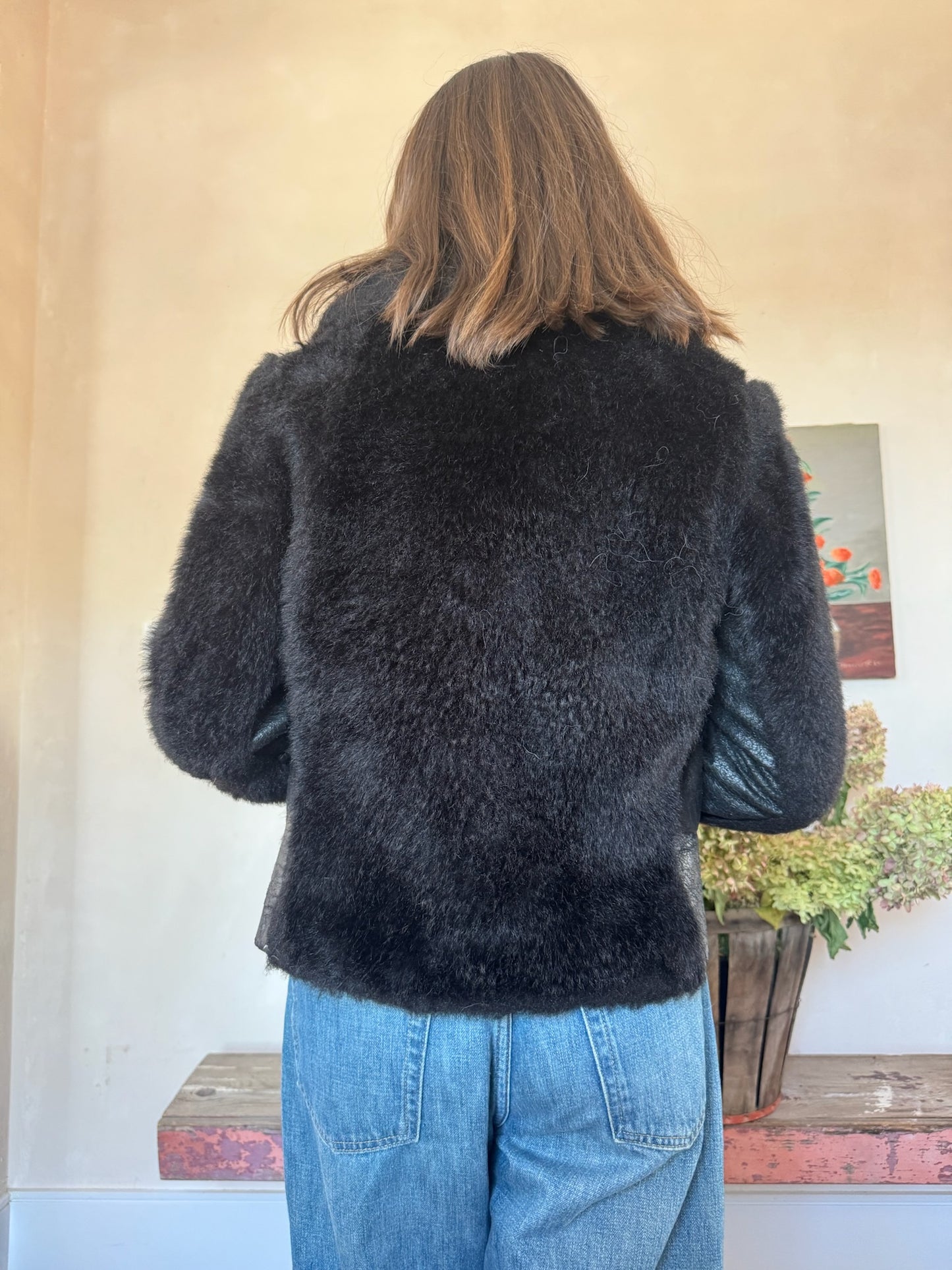 Cropped Black 70s Faux Fur Jacket