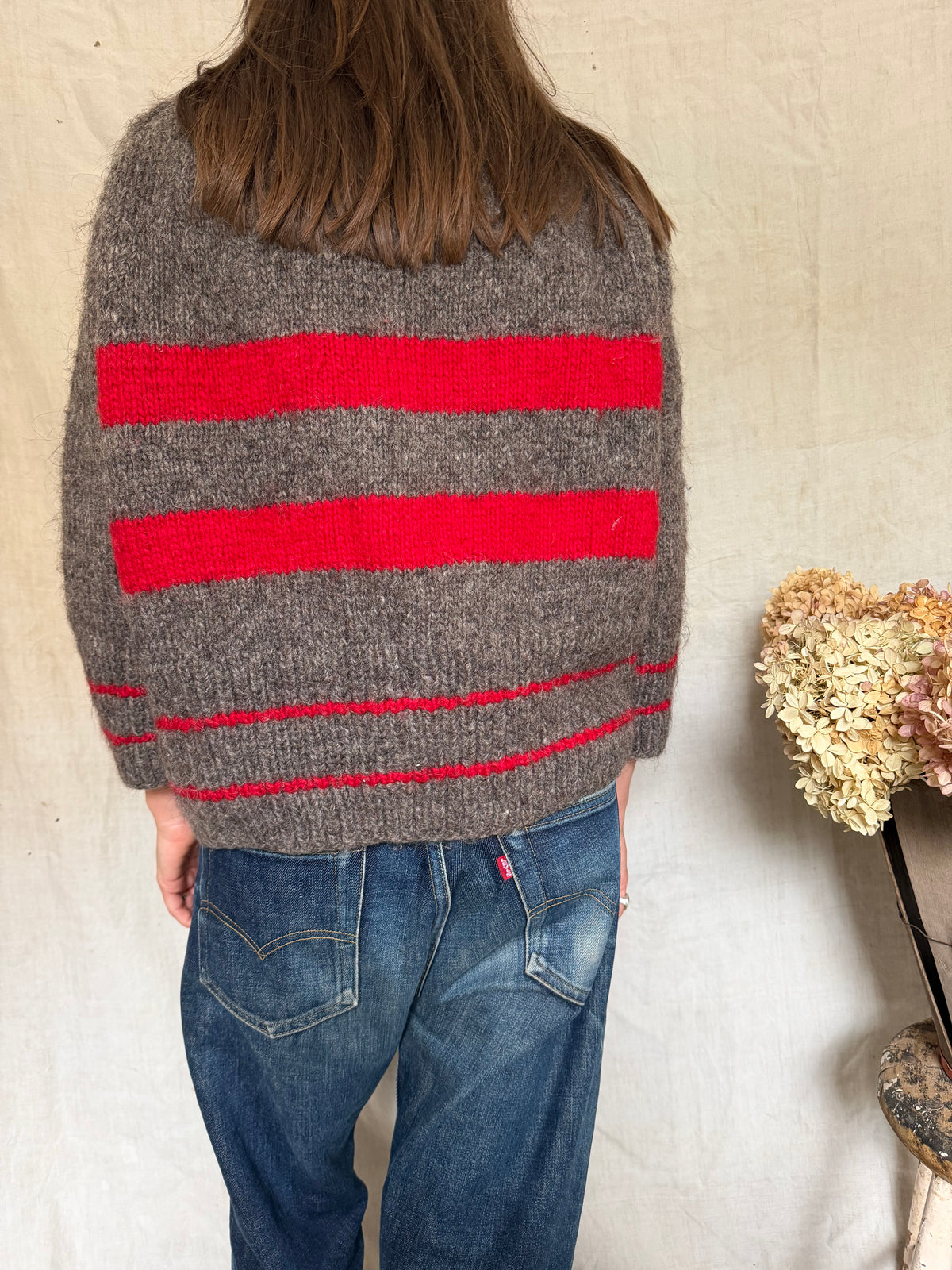 Handmade Striped Red and Fawn Sweater