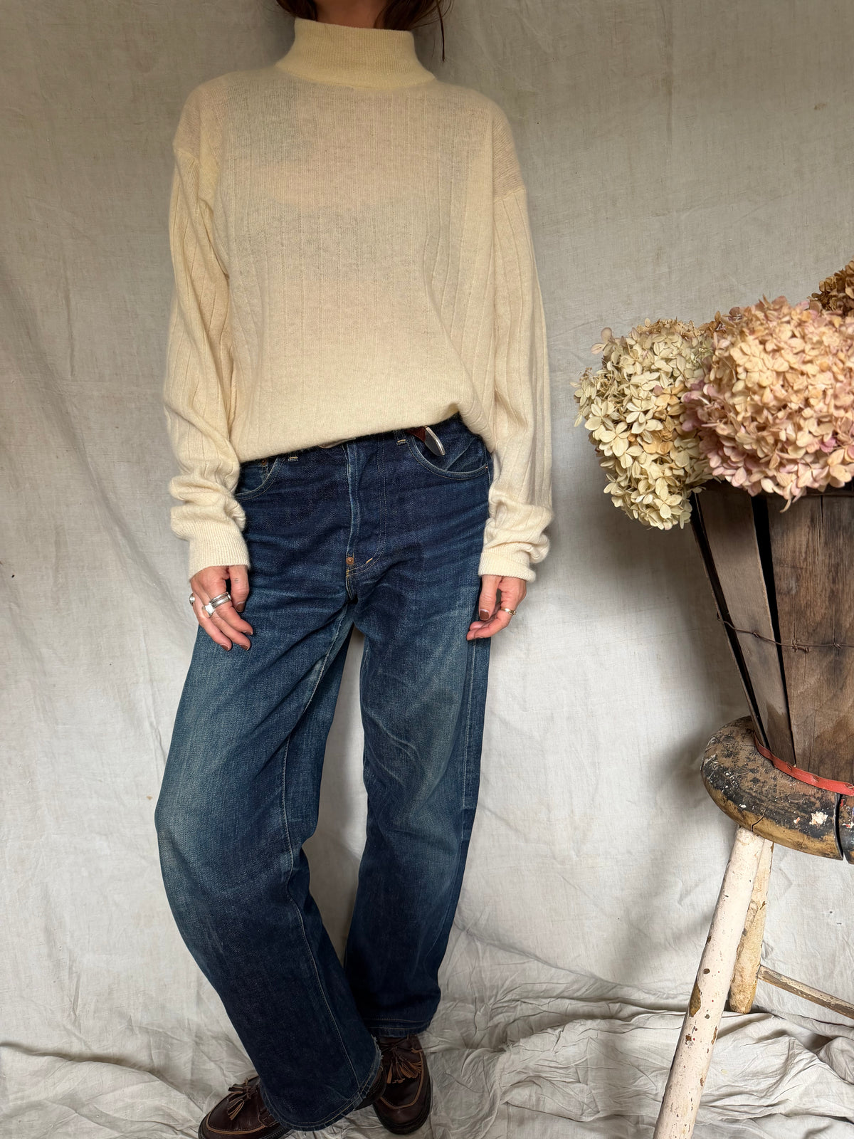 Cream Ribbed Mock Turtle Neck Sweater