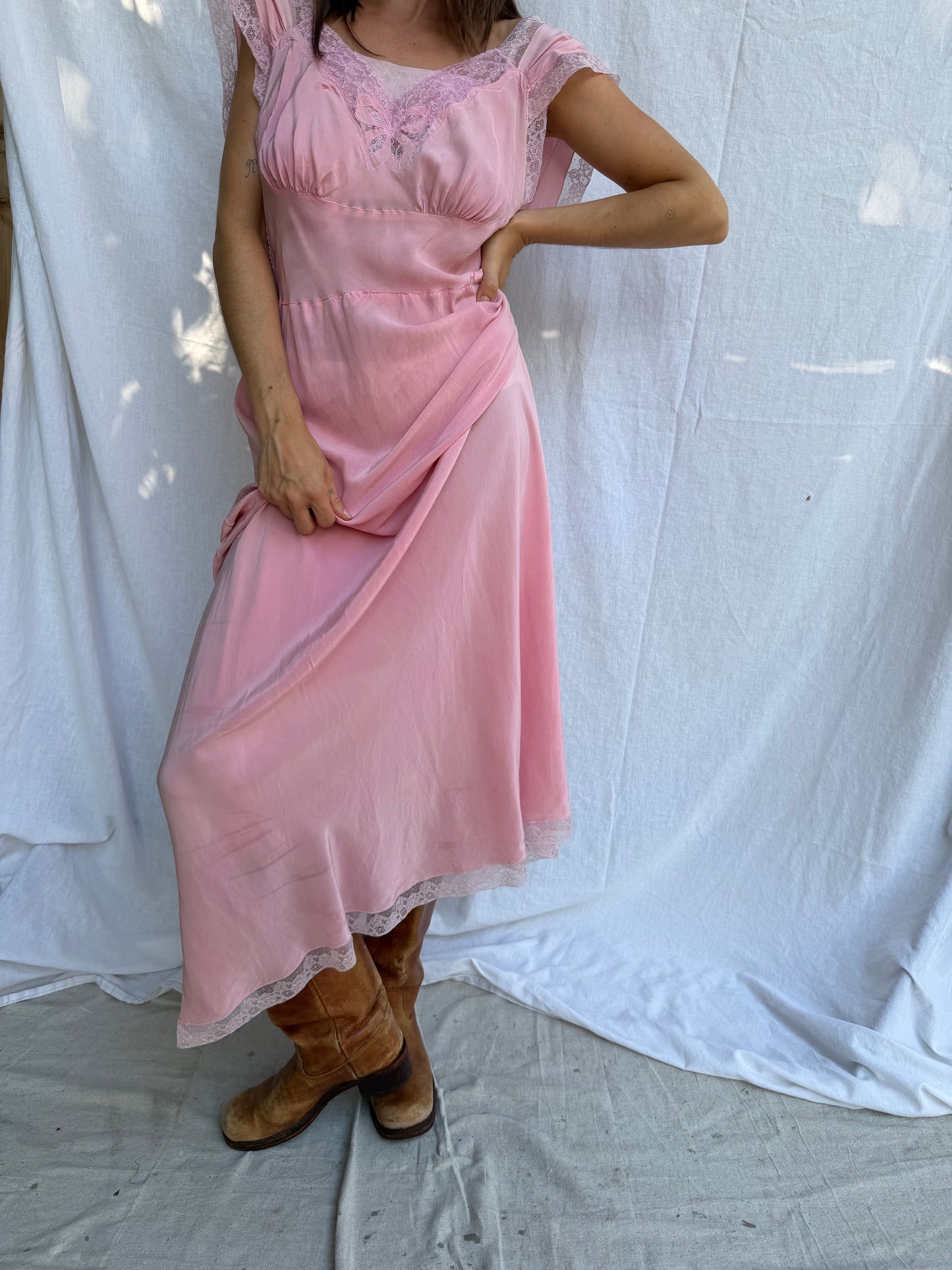 1940s Bubblegum Pink Long Satin Slip Dress