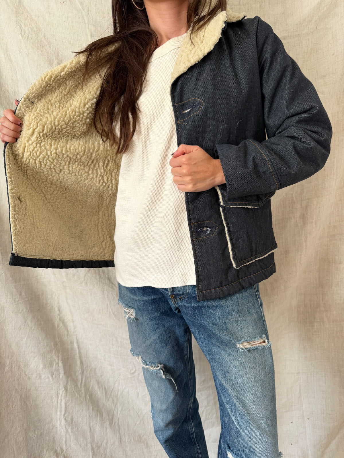 Faux Shearling Dark Denim Jacket