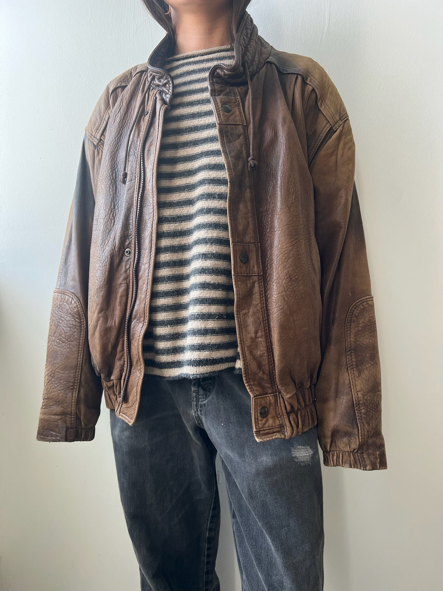80s Faded Brown Leather Bomber Jacket