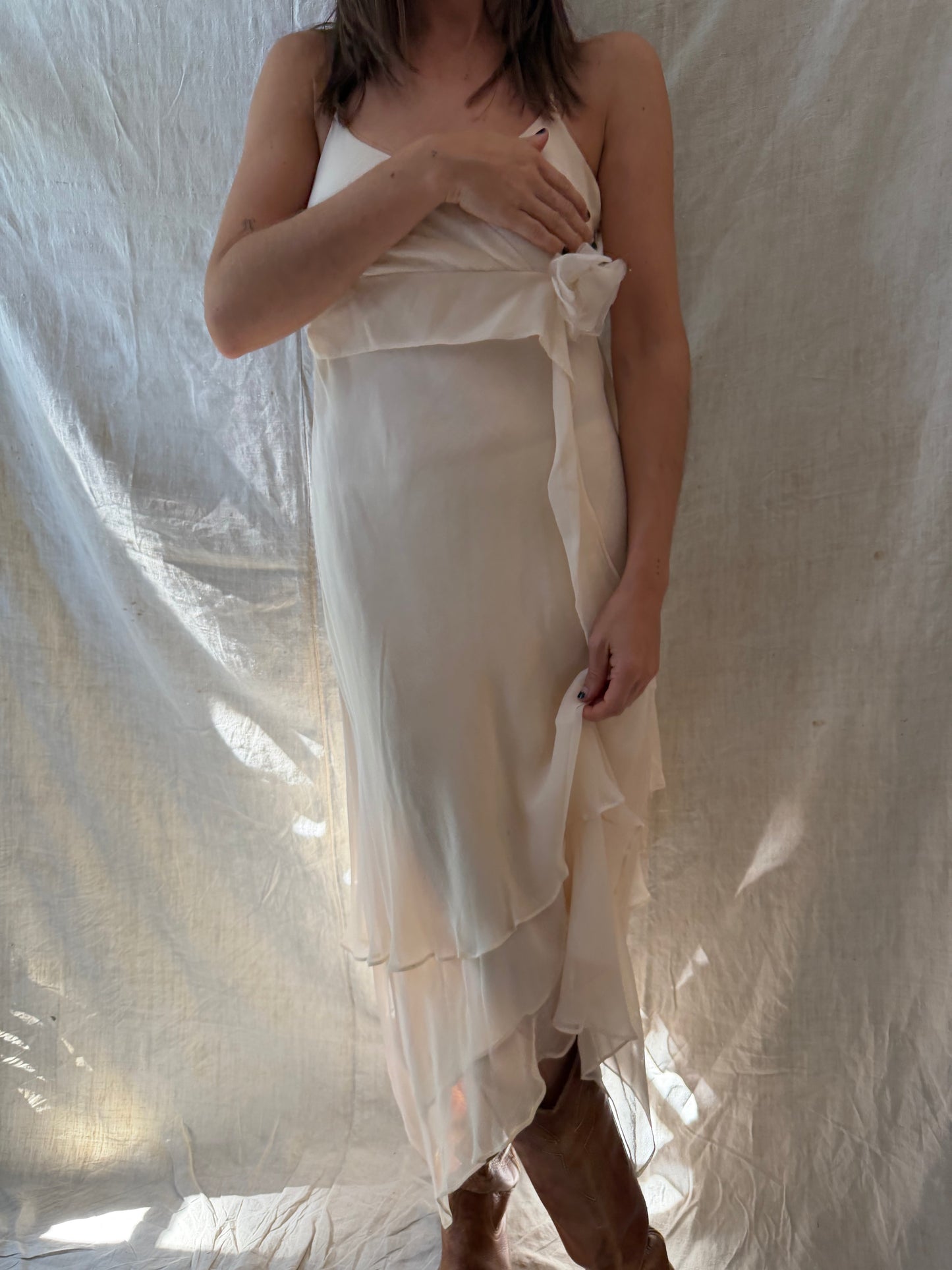 Ivory Silk Flowy Halter Dress