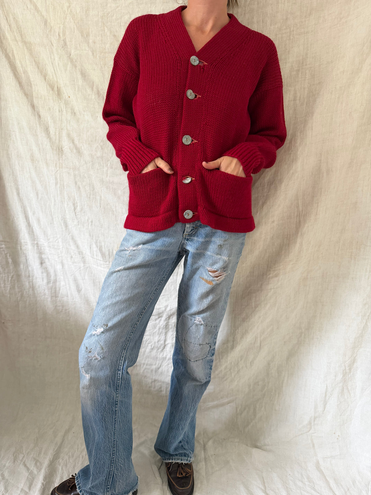 Cherry Red Hand-knit Cardigan