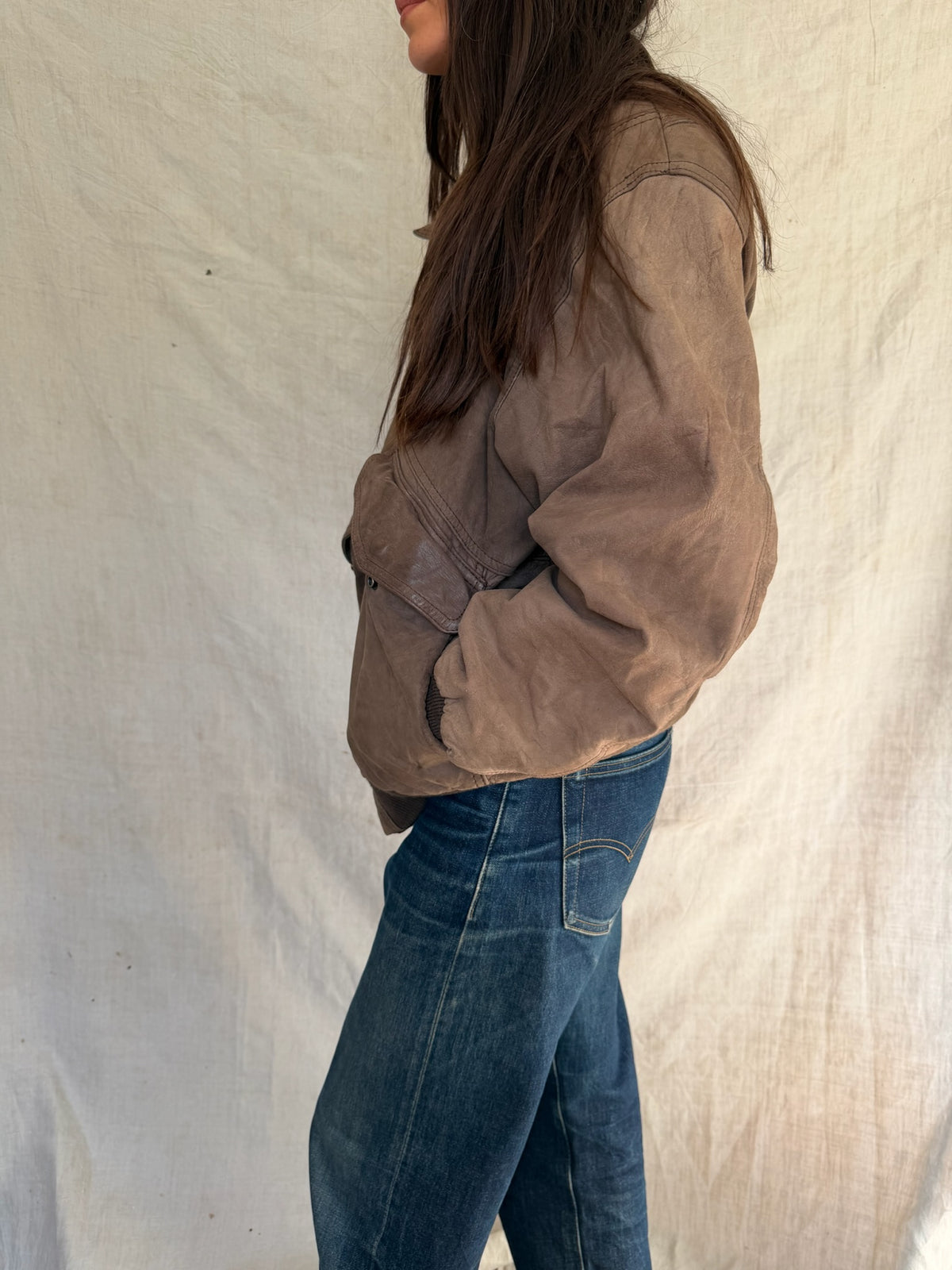 Faded Fawn Brown Leather Bomber Jacket