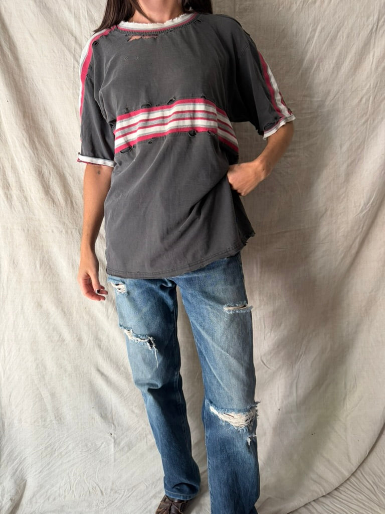 Super Distressed Grey + Red Striped Tee