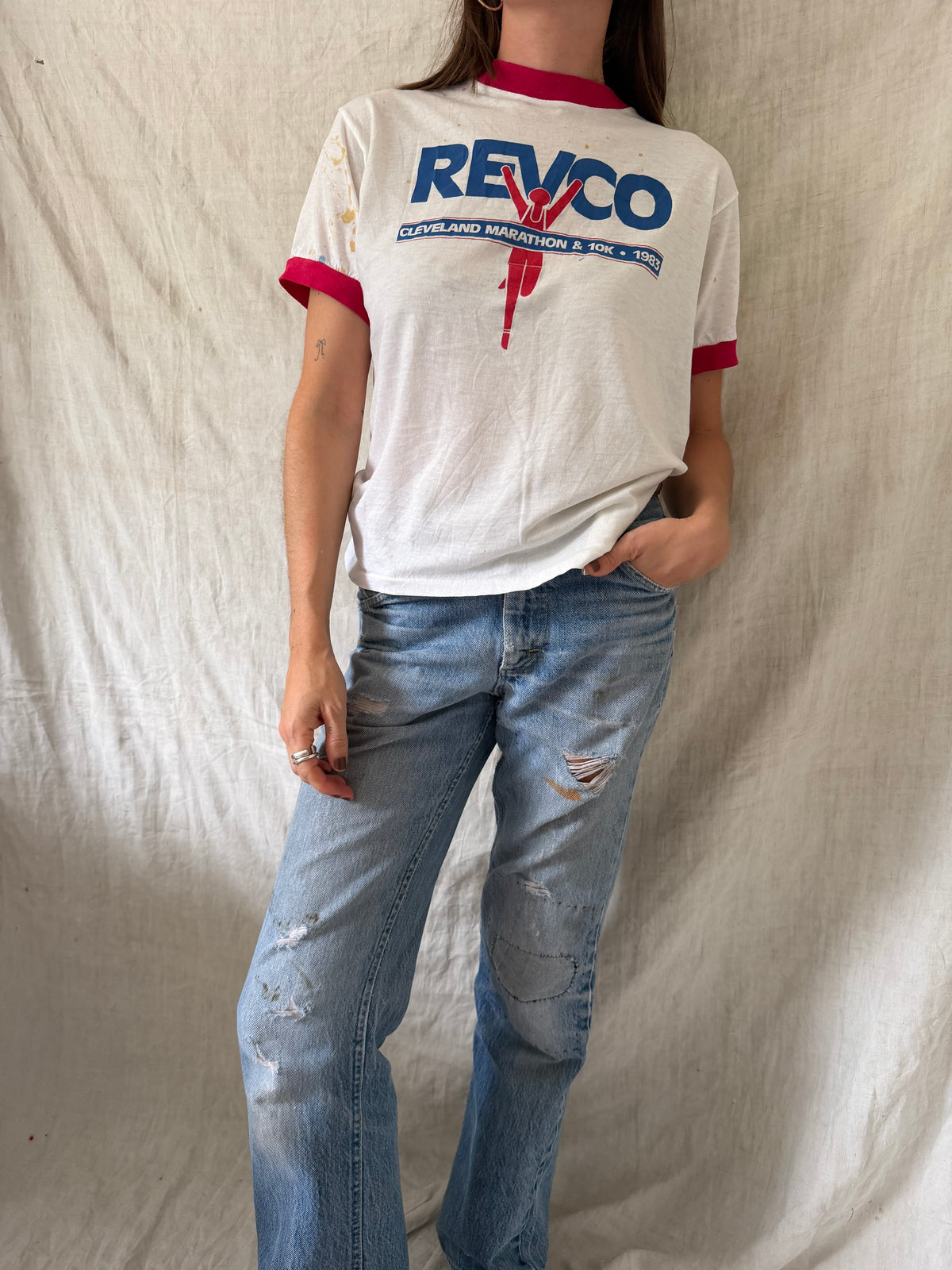 White and Red Cleveland Marathon Ringer Tee
