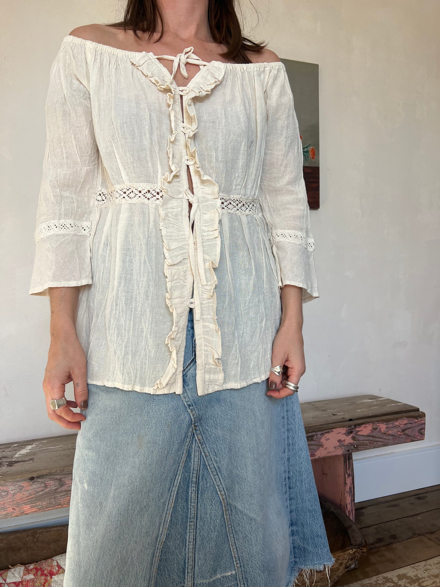 Oaxacan Natural Ruffled Crochet Blouse