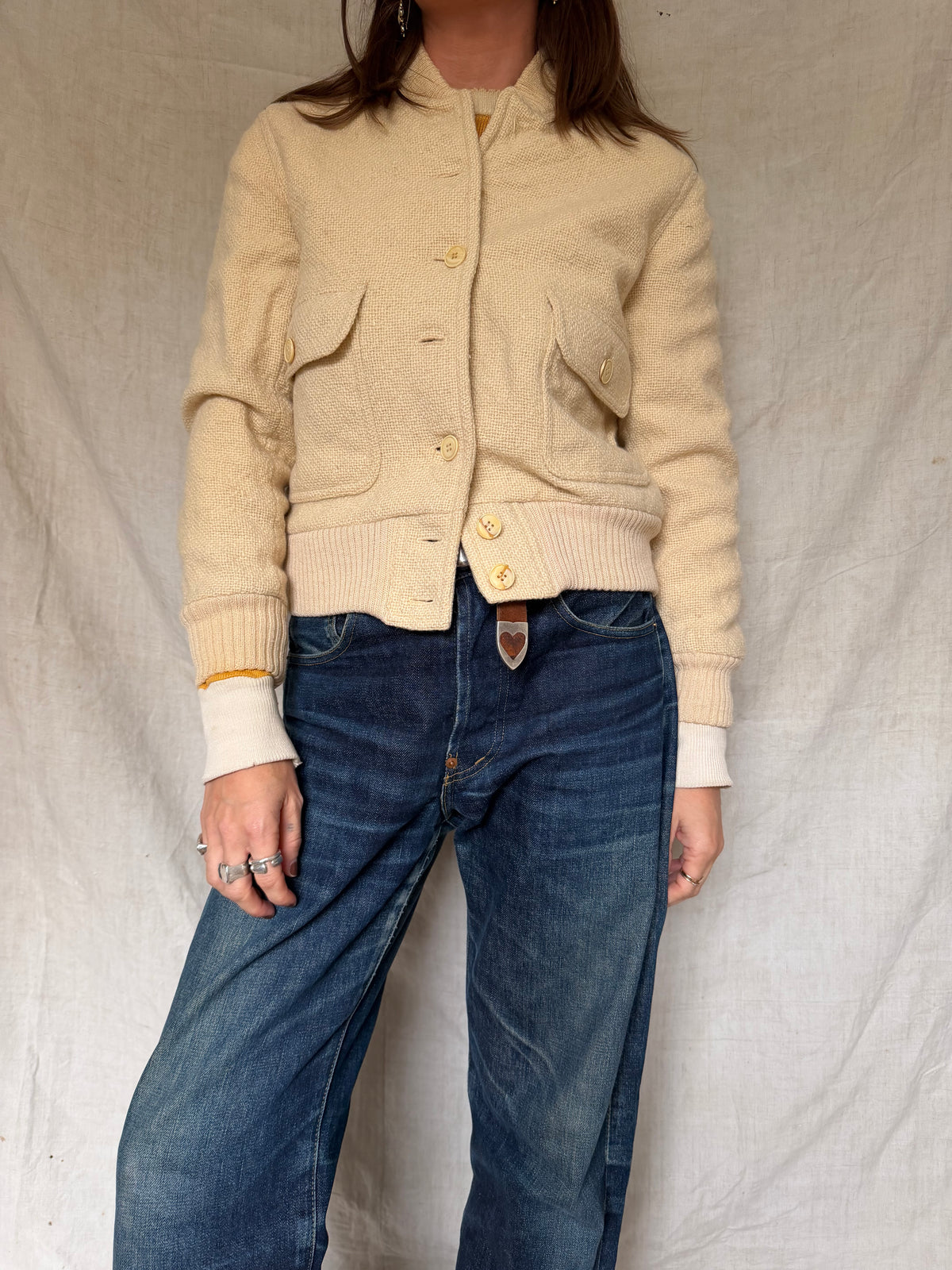 Cream Wool Knit Bomber Jacket