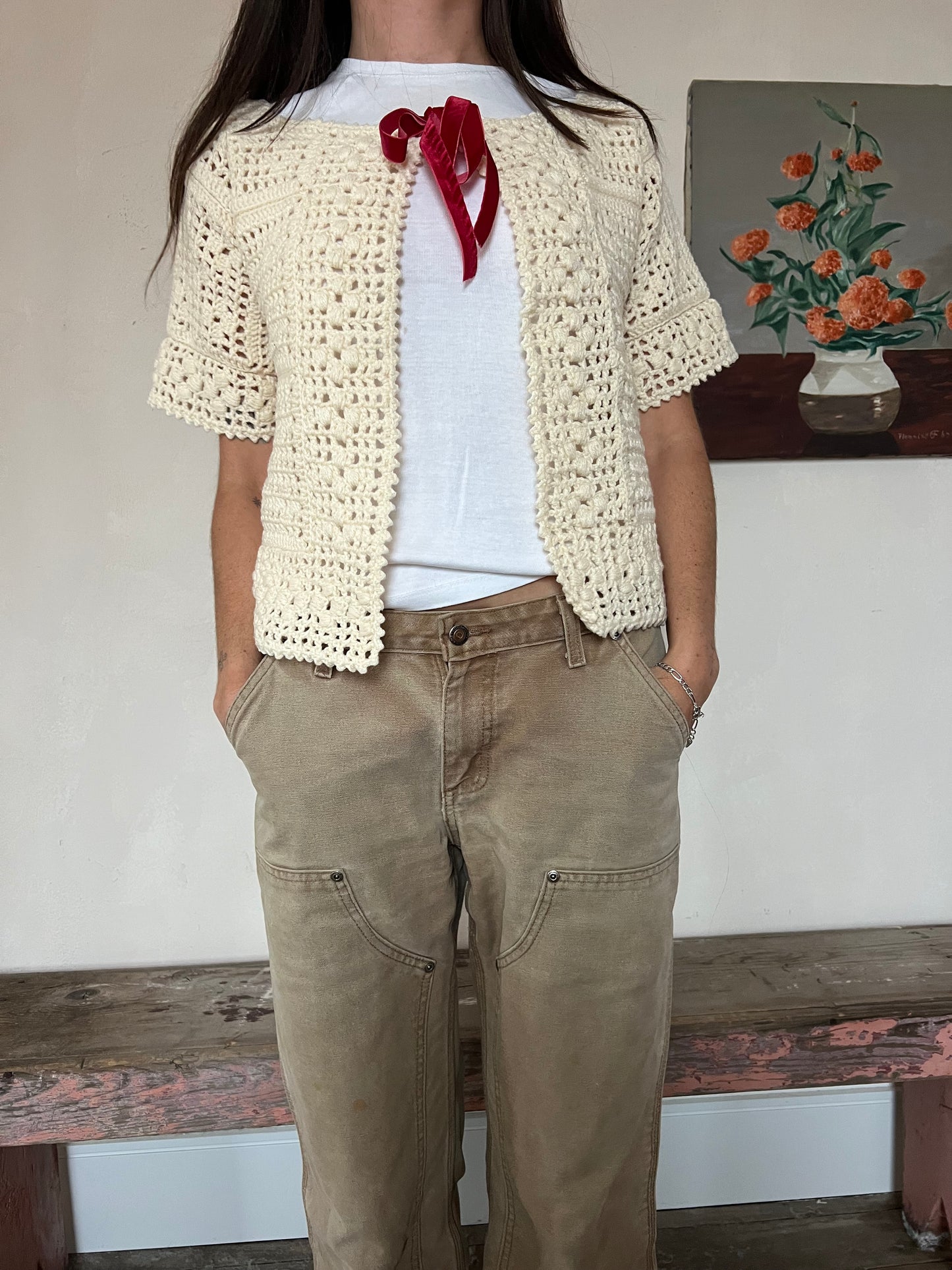 Crochet Cream Tee with Red Velvet Bow