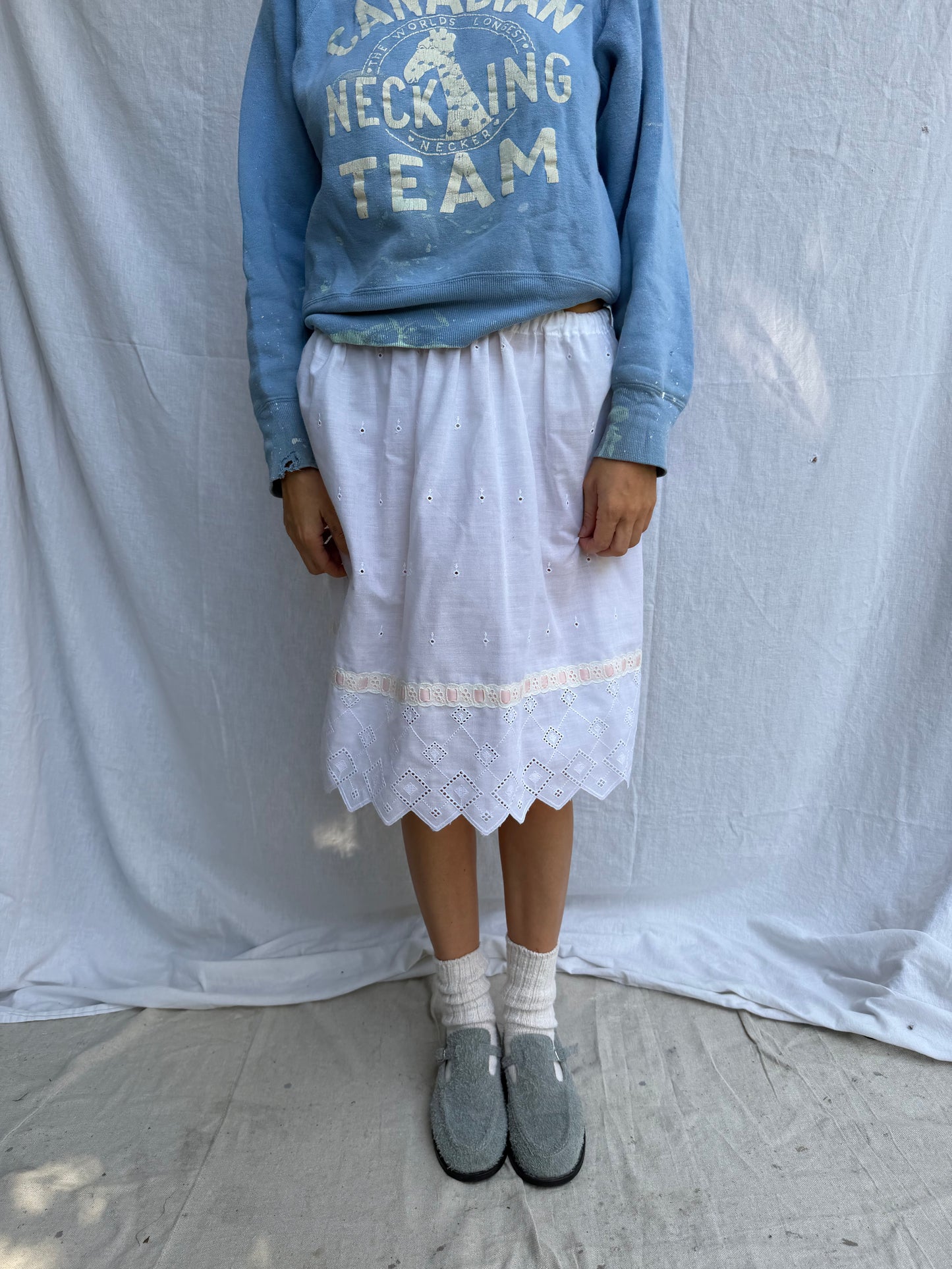 White Cotton Eyelet Skirt with Pink Ribbon