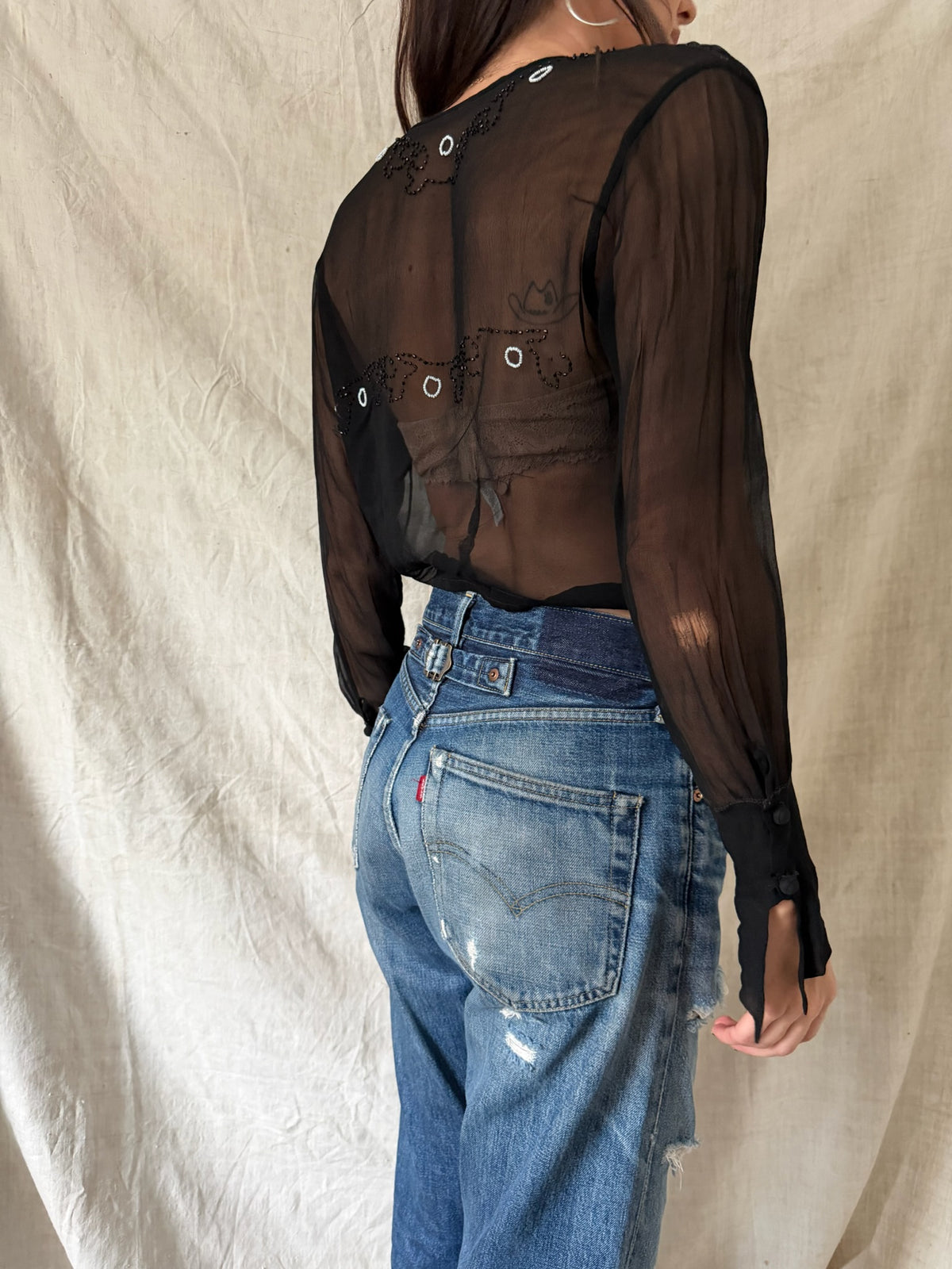 Antique Black Beaded Silk Blouse
