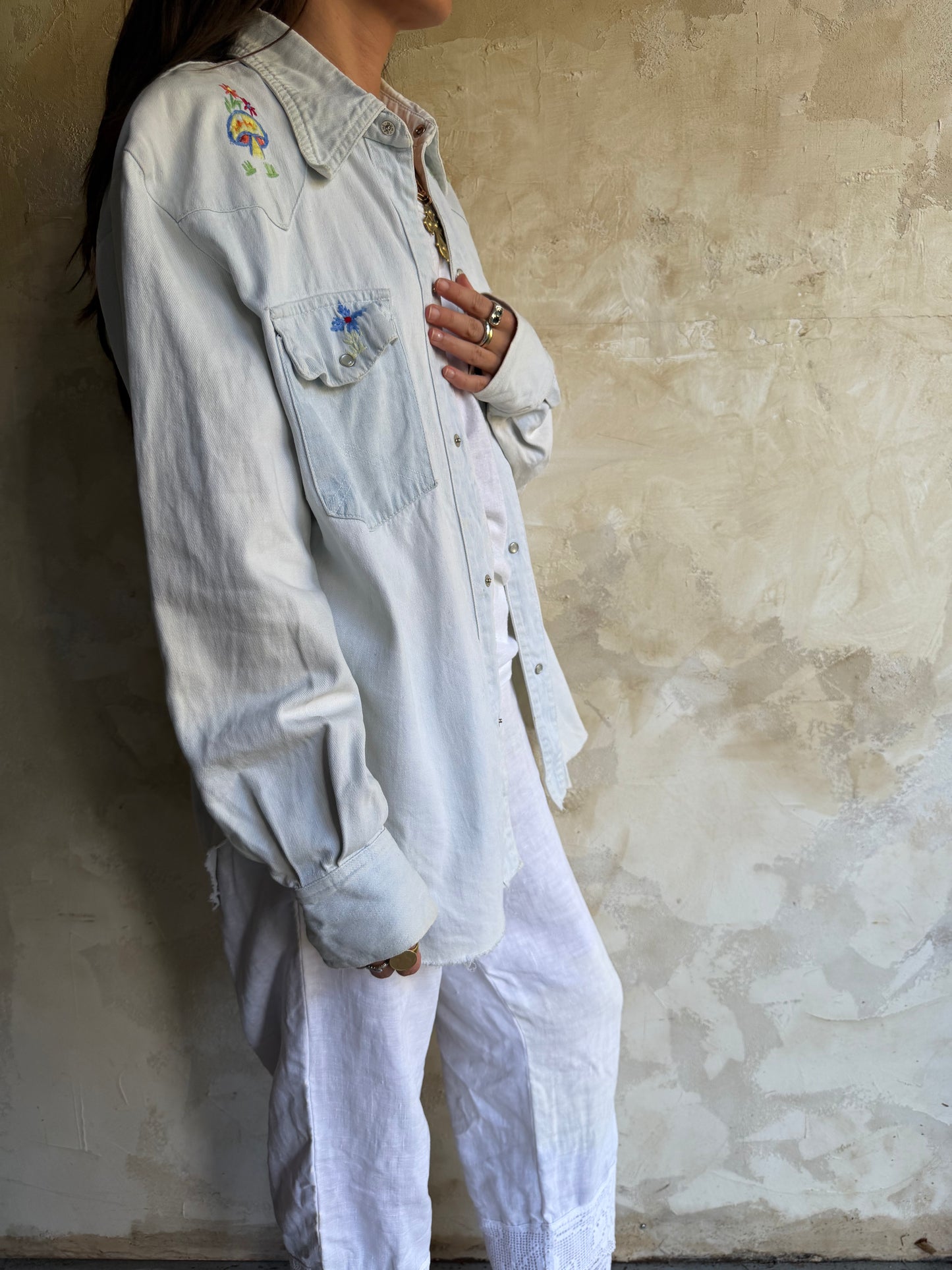 80s Hand Embroidered Light Wash Denim Button Up