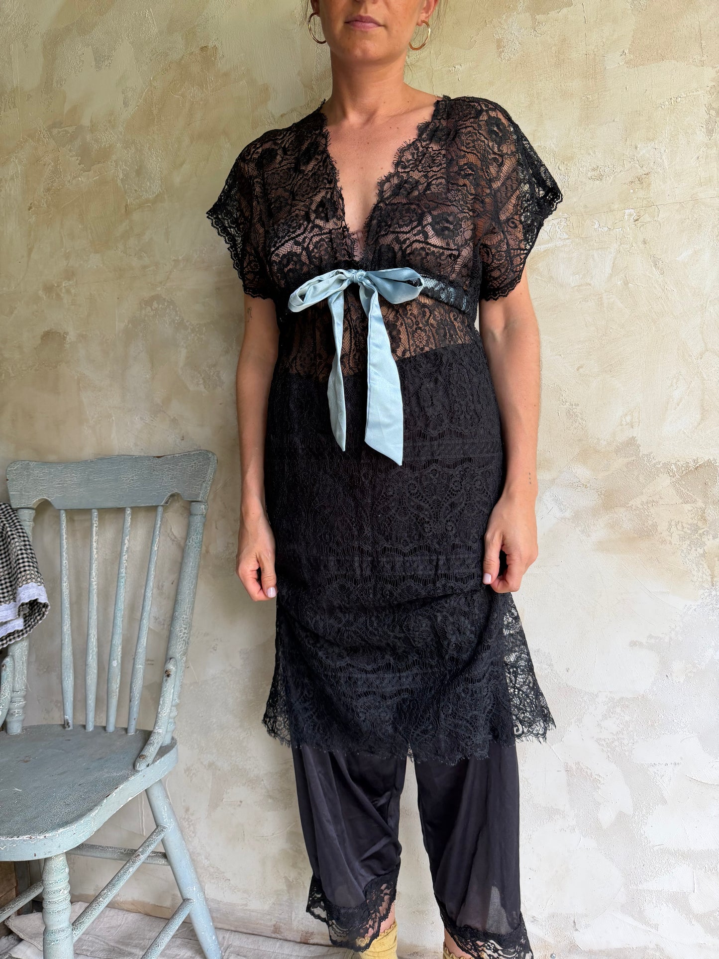 Black Lace Sheer Dress w Blue Satin Bow