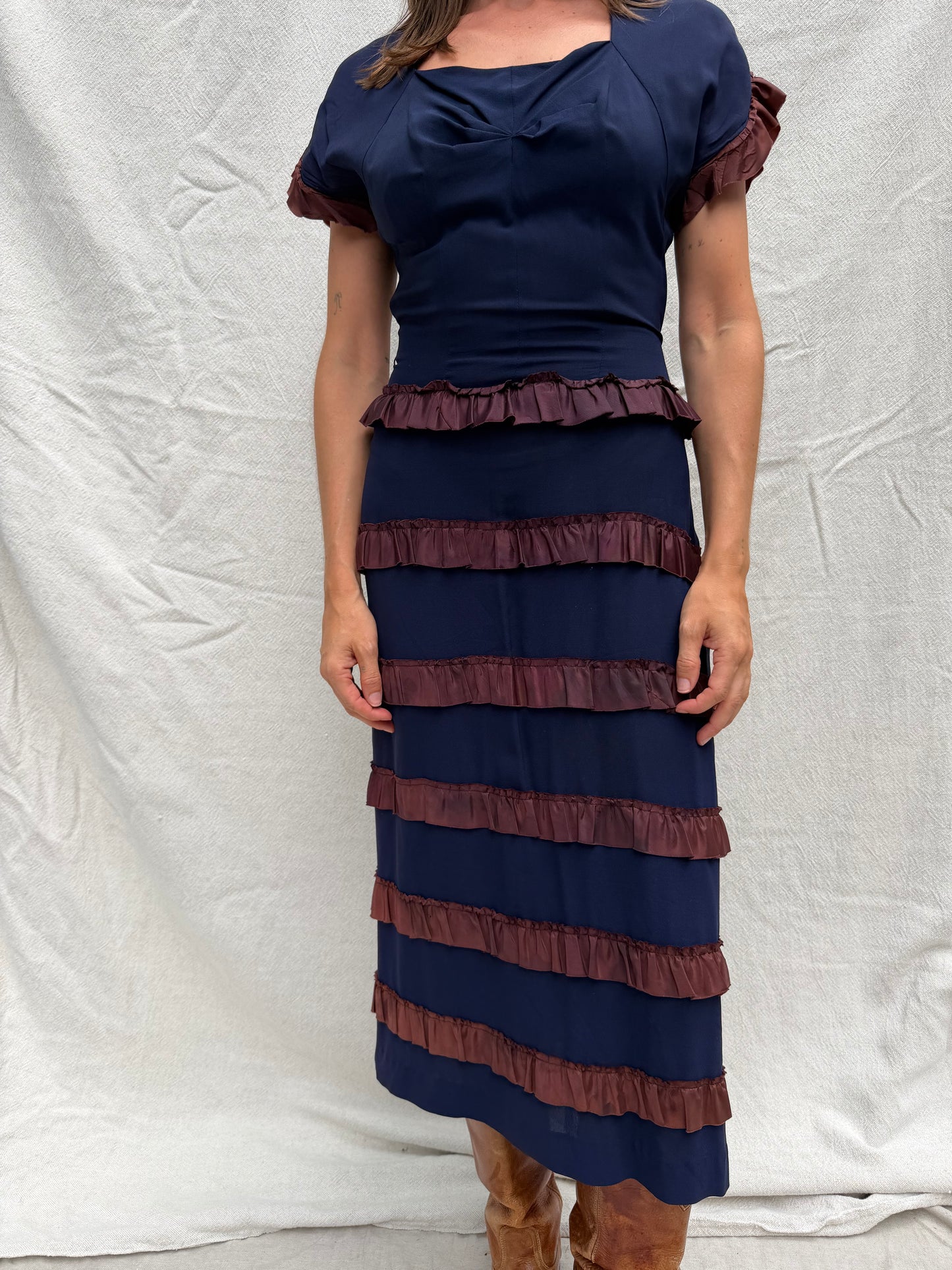 1940s Navy Ruffle Dress