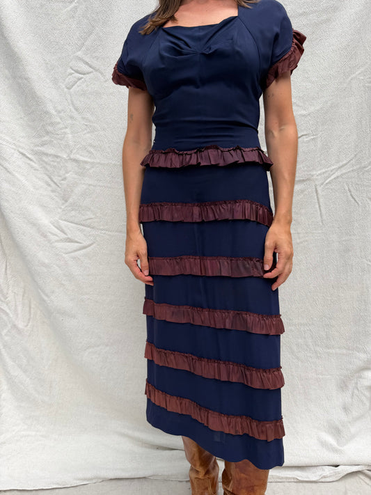 1940s Navy Ruffle Dress