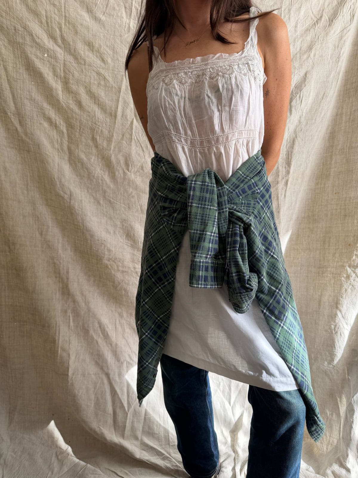 Antique French Cotton Slip with Mesh Ruffle