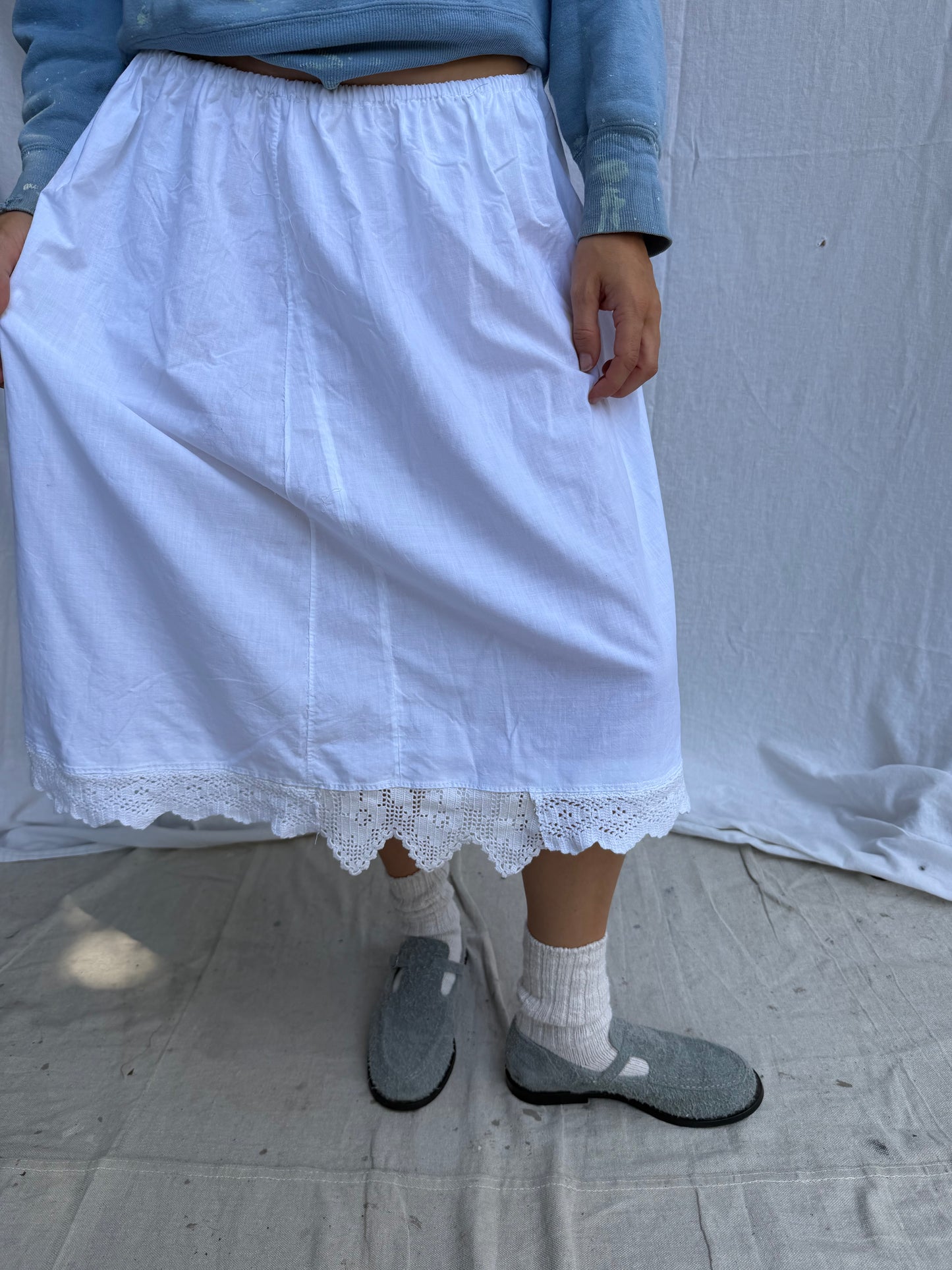 Antique Italian White Cotton Skirt w Crochet Scalloped Trim