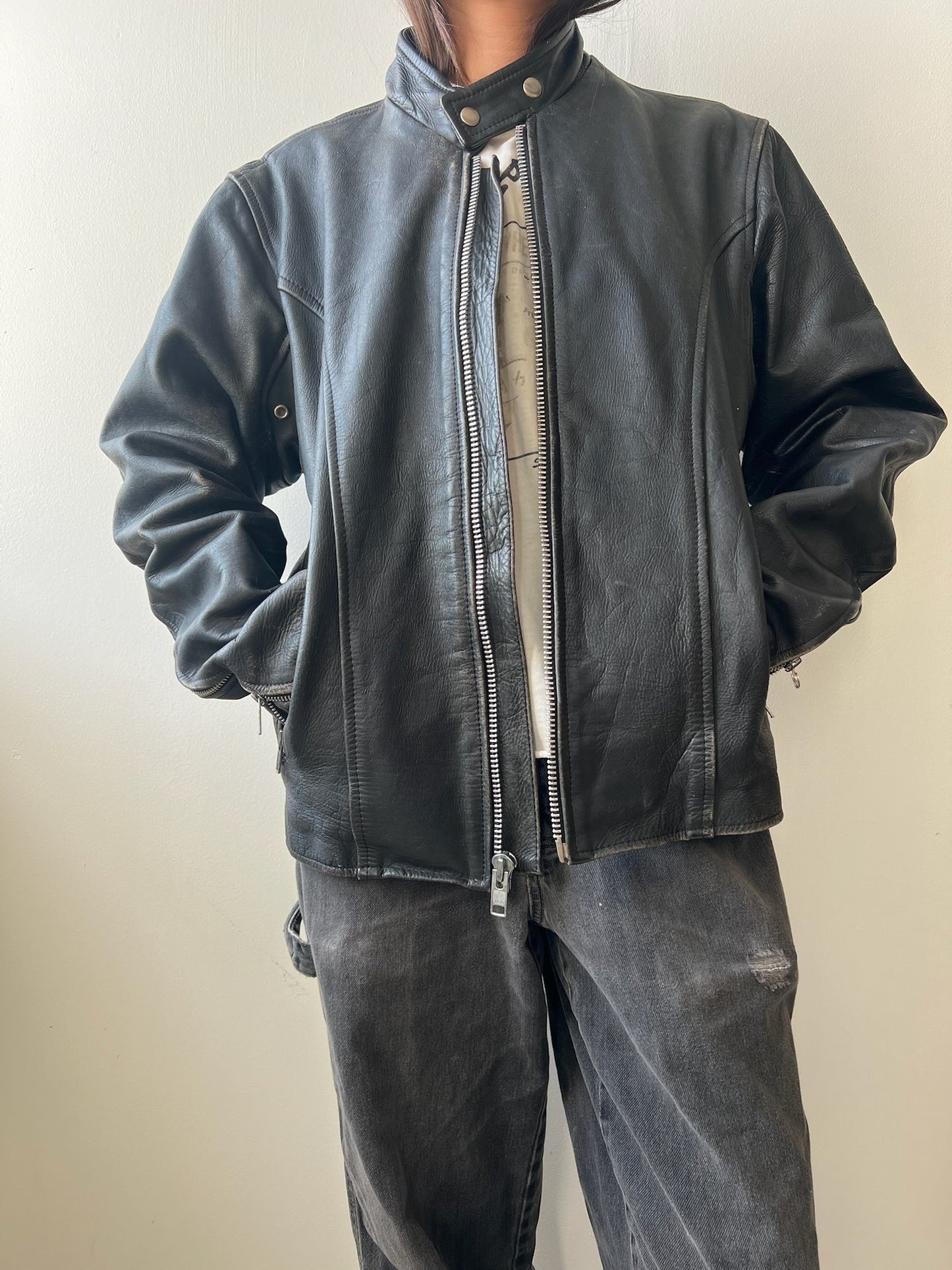 Faded Black Leather Biker Jacket
