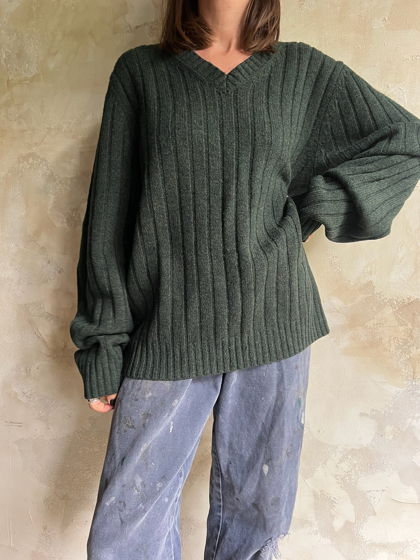 Hunter Green Wool Vneck Sweater