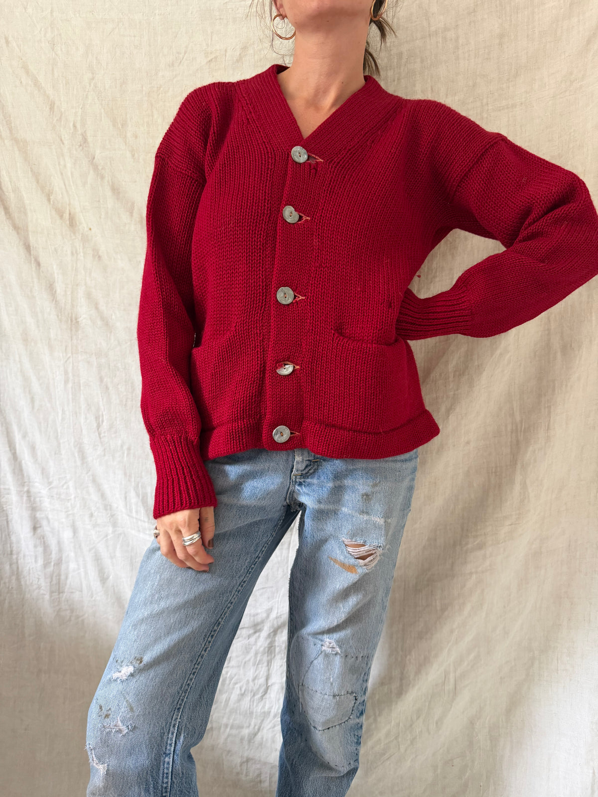 Cherry Red Hand-knit Cardigan
