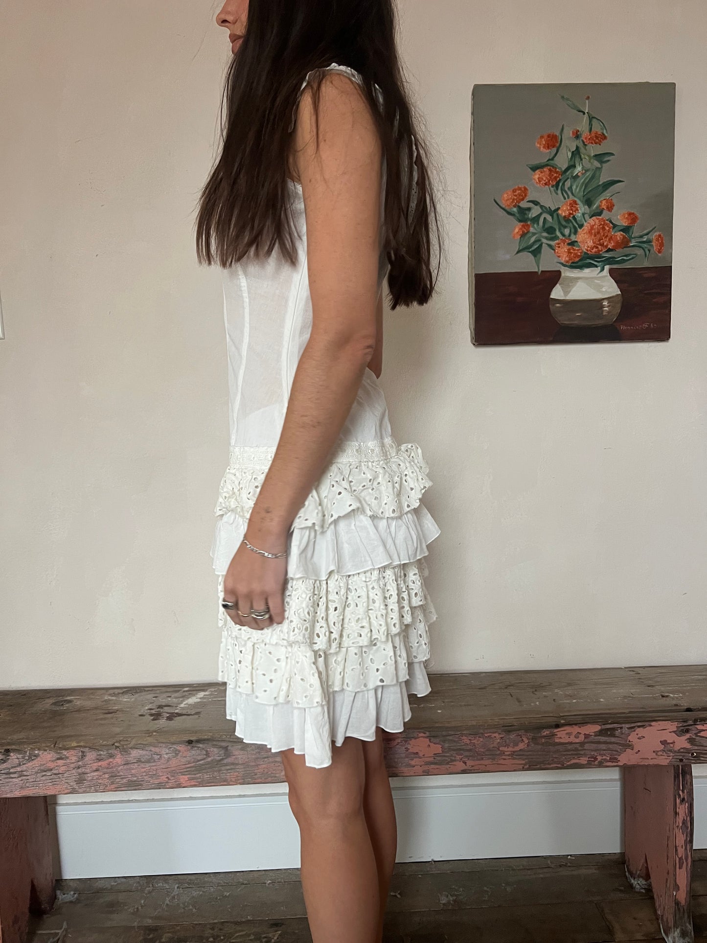 White Ruffle Eyelet Cotton Dress