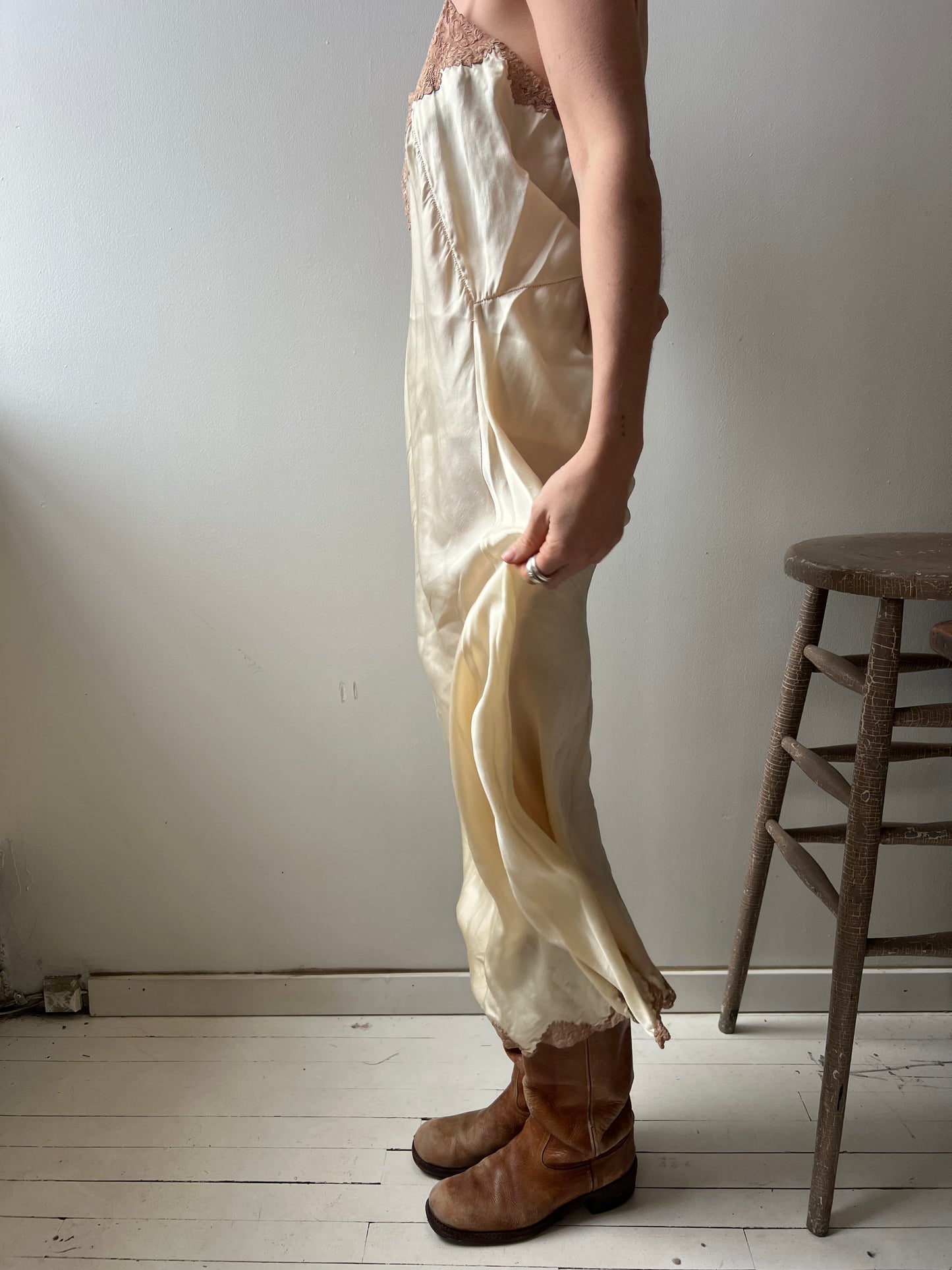 Cream and Tan Lace 1930s Silk Slip