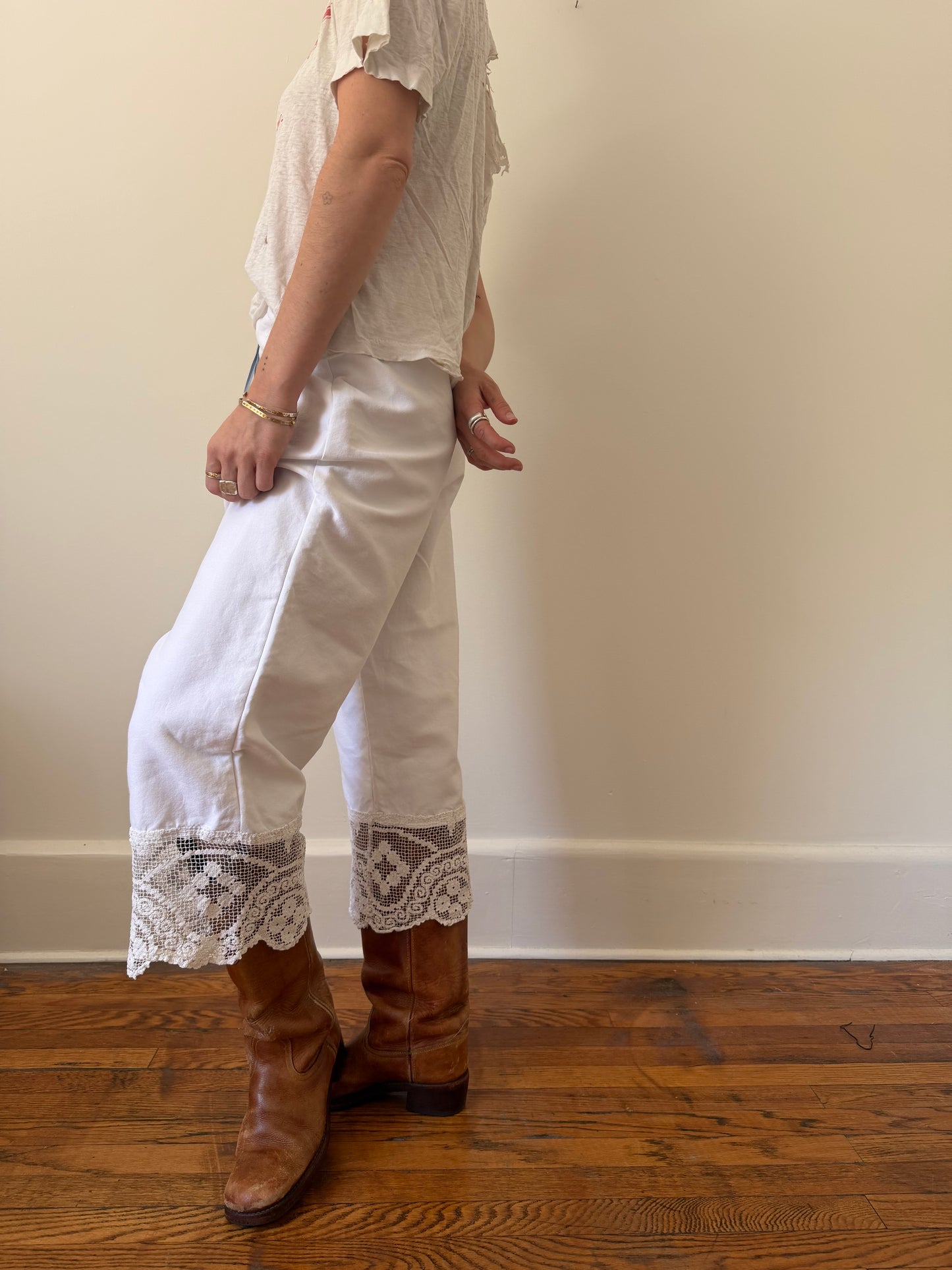Reworked Cotton Bloomer Pants With Antique Crochet Trim