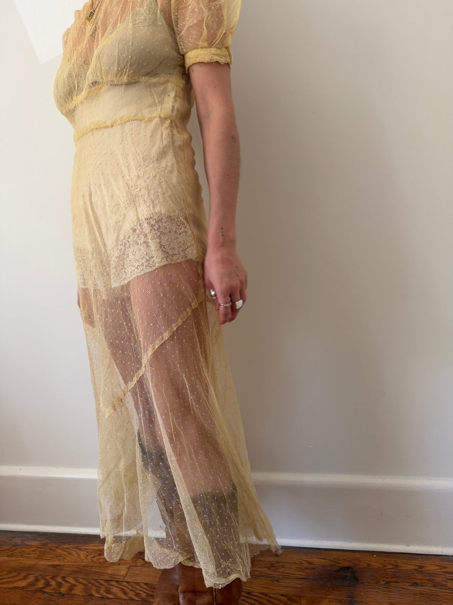 1930s Yellow Net Sheer Dress Overlay