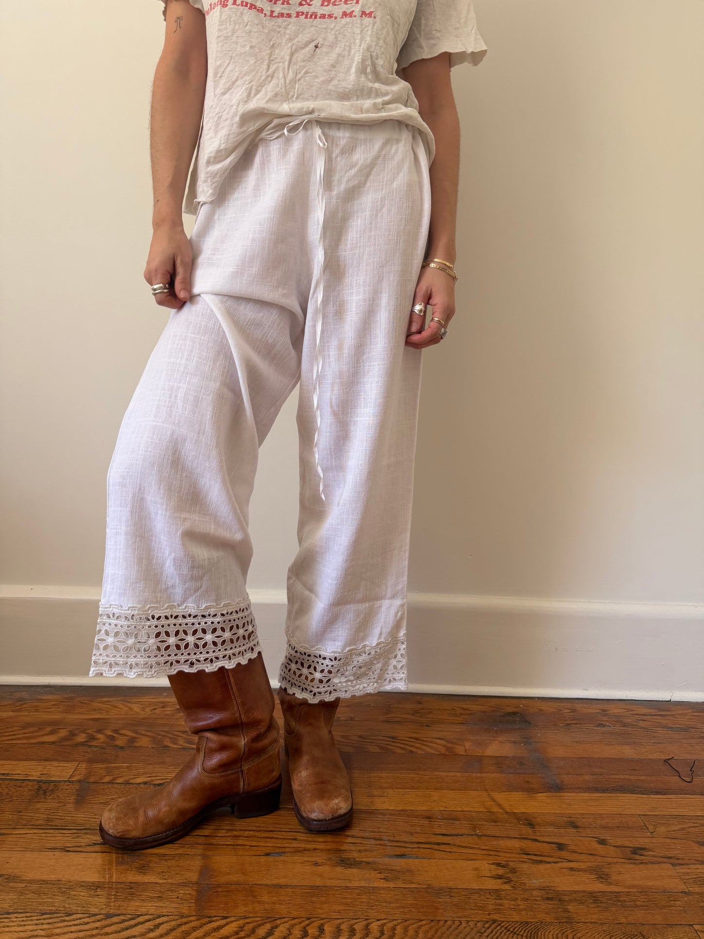 Reworked Linen Bloomer Pants With Antique Eyelet Trim