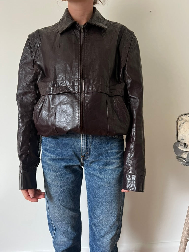 Burgundy Leather Zip Up Bomber Jacket