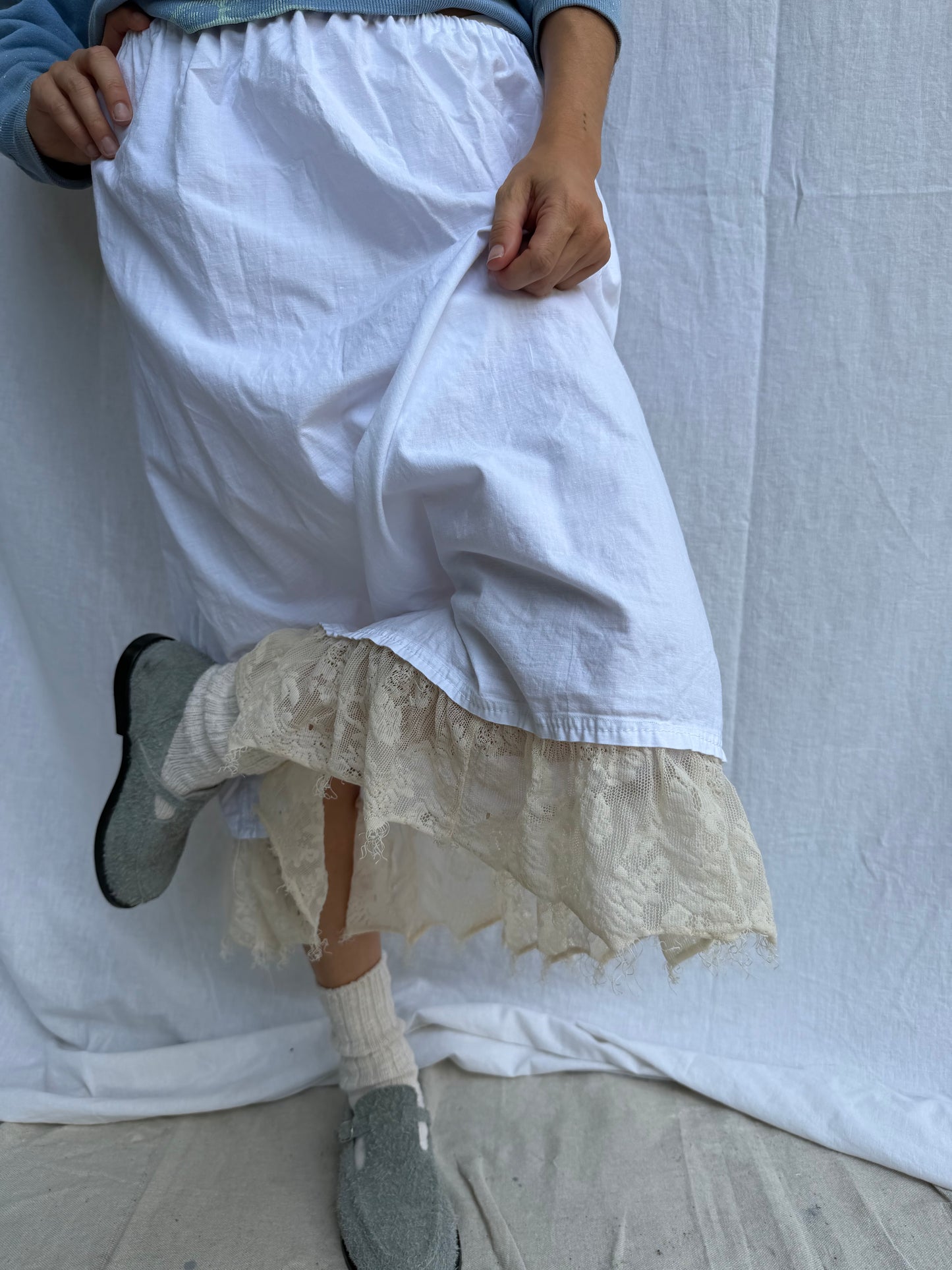 Antique Cotton Skirt with Ivory Lace Ruffle