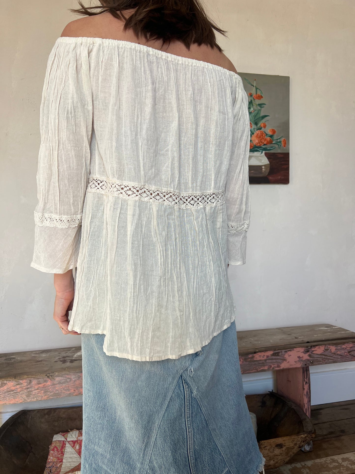 Oaxacan Natural Ruffled Crochet Blouse