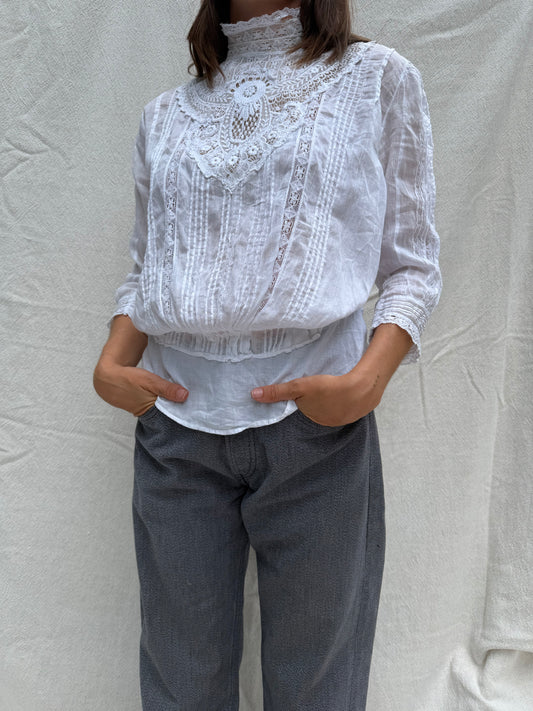 Antique Long-Sleeve Crochet Blouse