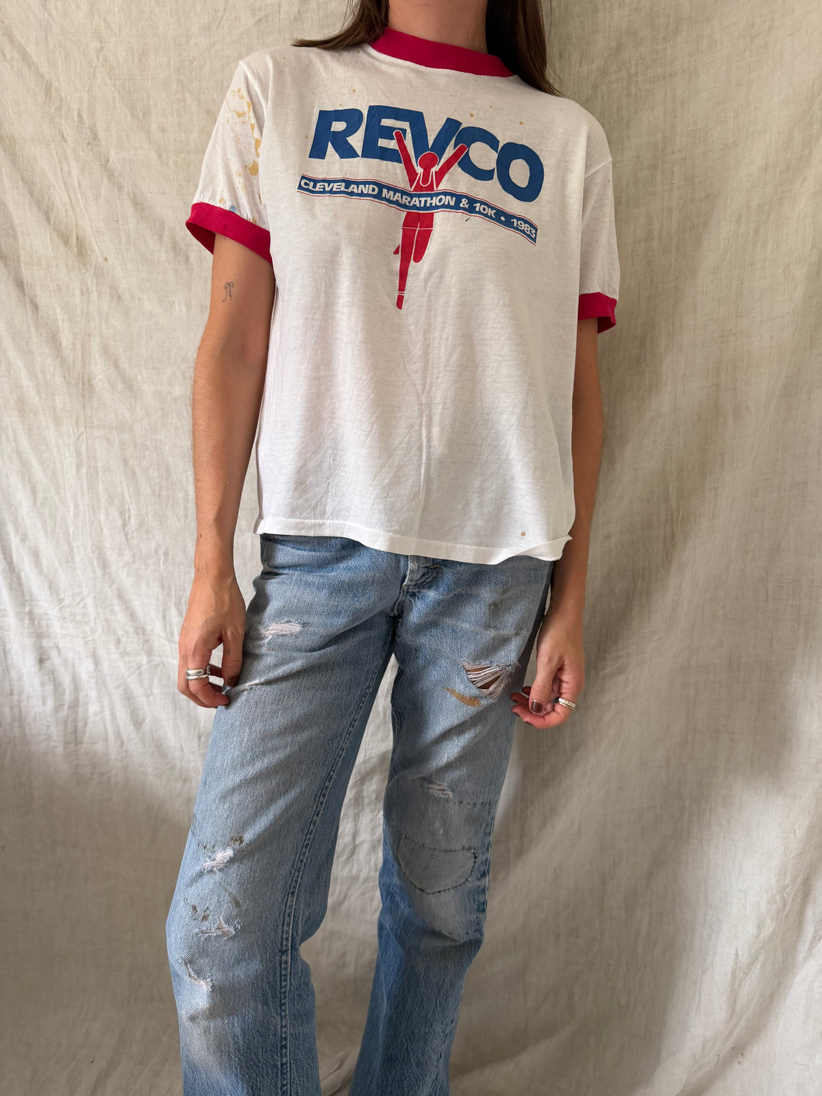 White and Red Cleveland Marathon Ringer Tee
