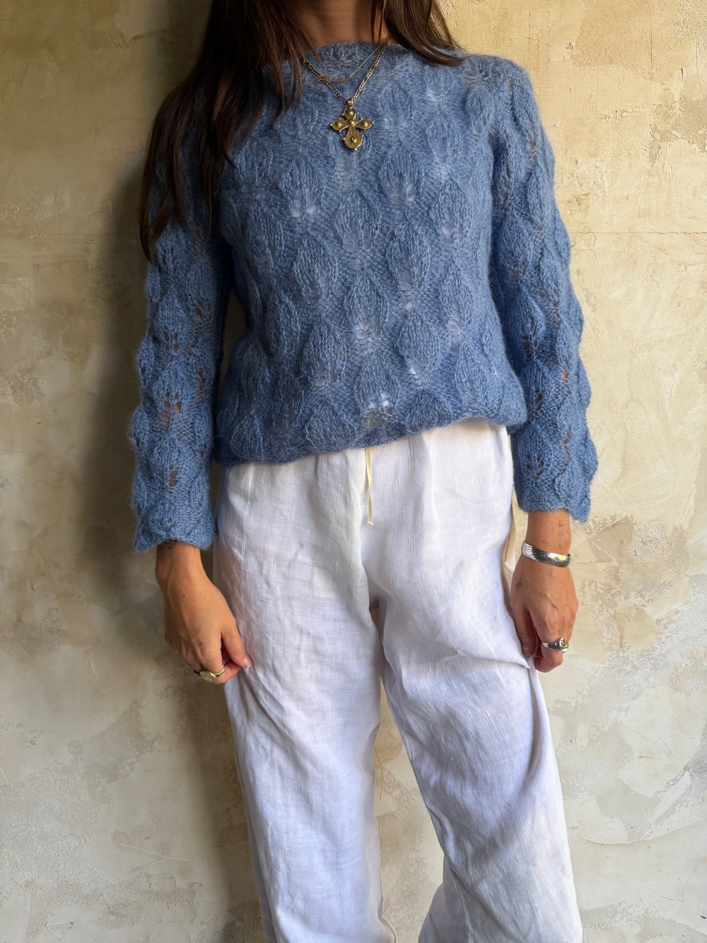 Sky Blue Braided Mohair Knit Sweater