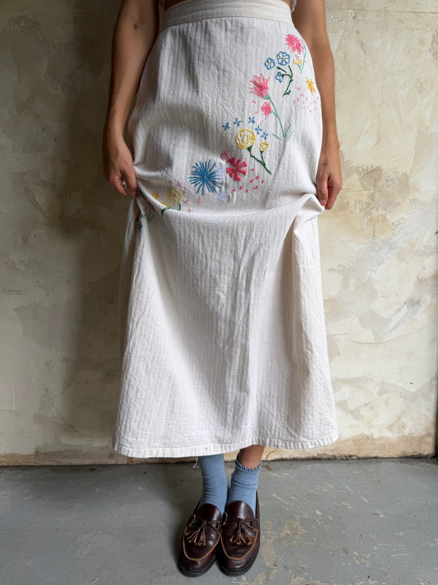 Handmade Natural Twill Embroidered Skirt