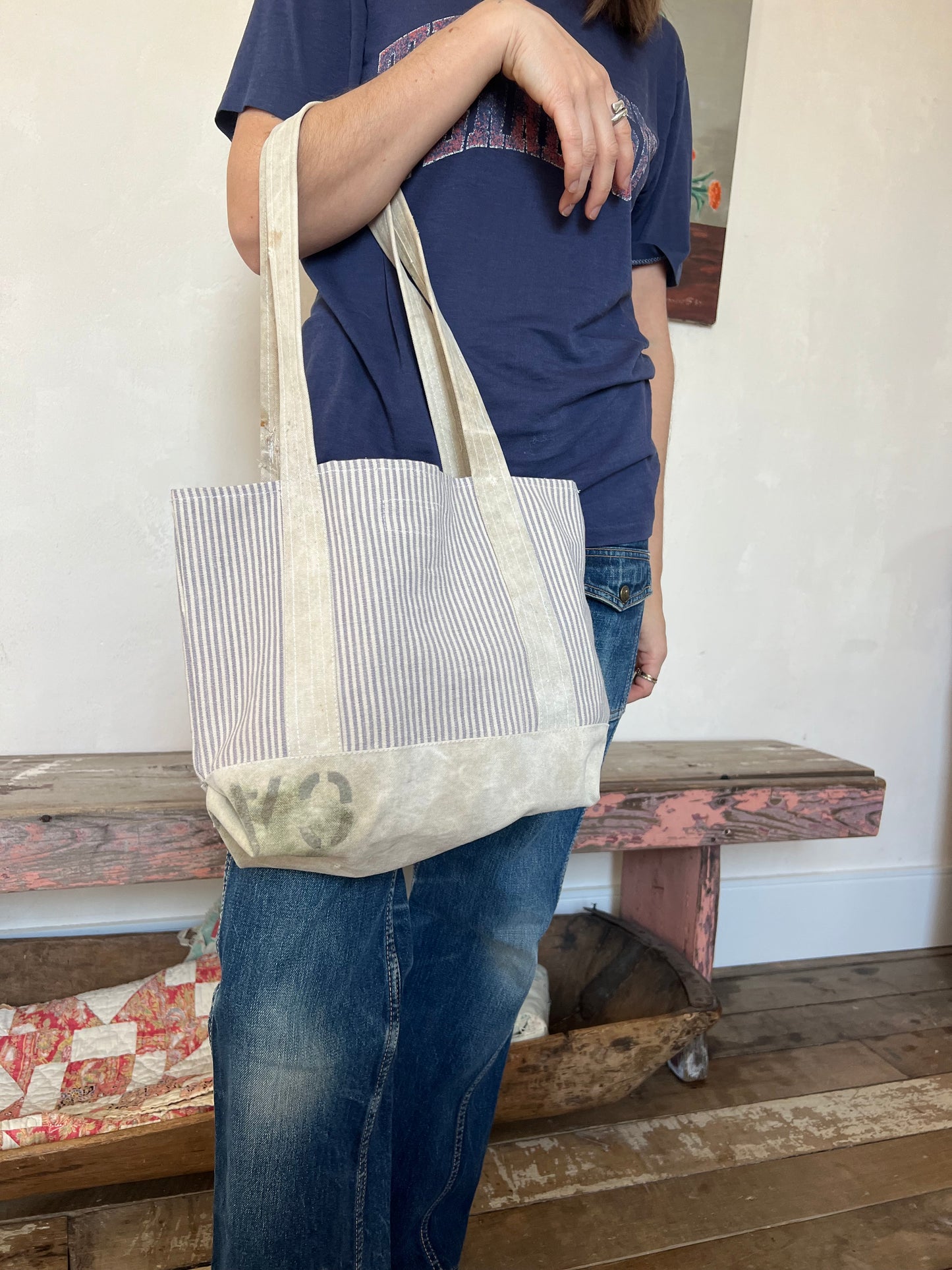 Stamped Blue + White Striped Mini Boat + Tote Bag