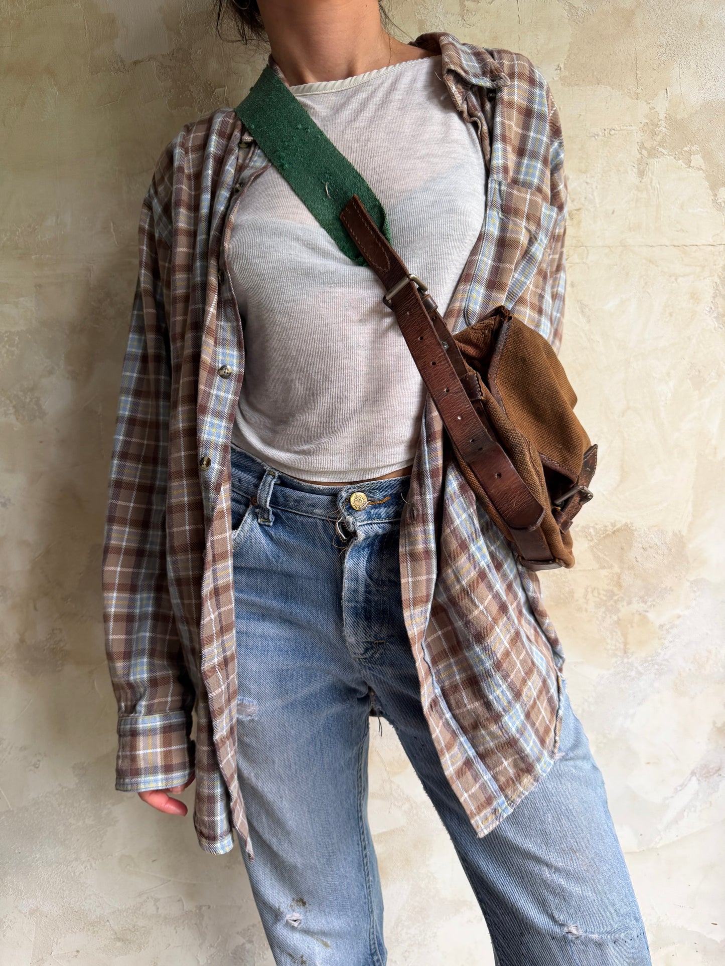 Brown Canvas + Leather Strap Satchel Bag