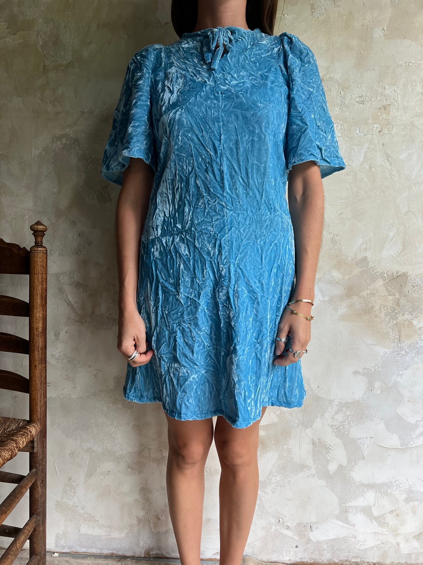 Blue Crushed Velvet Mini Dress